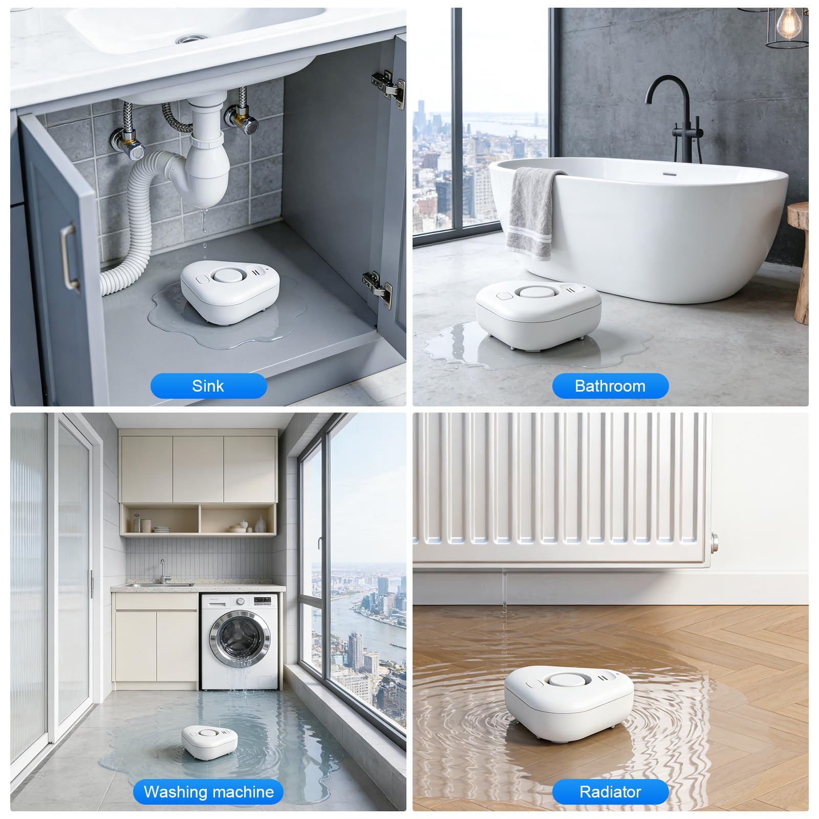 Wi-Fi sensore allagamento con Batterie, Rilevatore perdite acqua tubi IP66 con Allarme Regolabile fino a 120 dB, Sensore di Livello per Cucine, Bagni e Cantine, 3 Pezzi