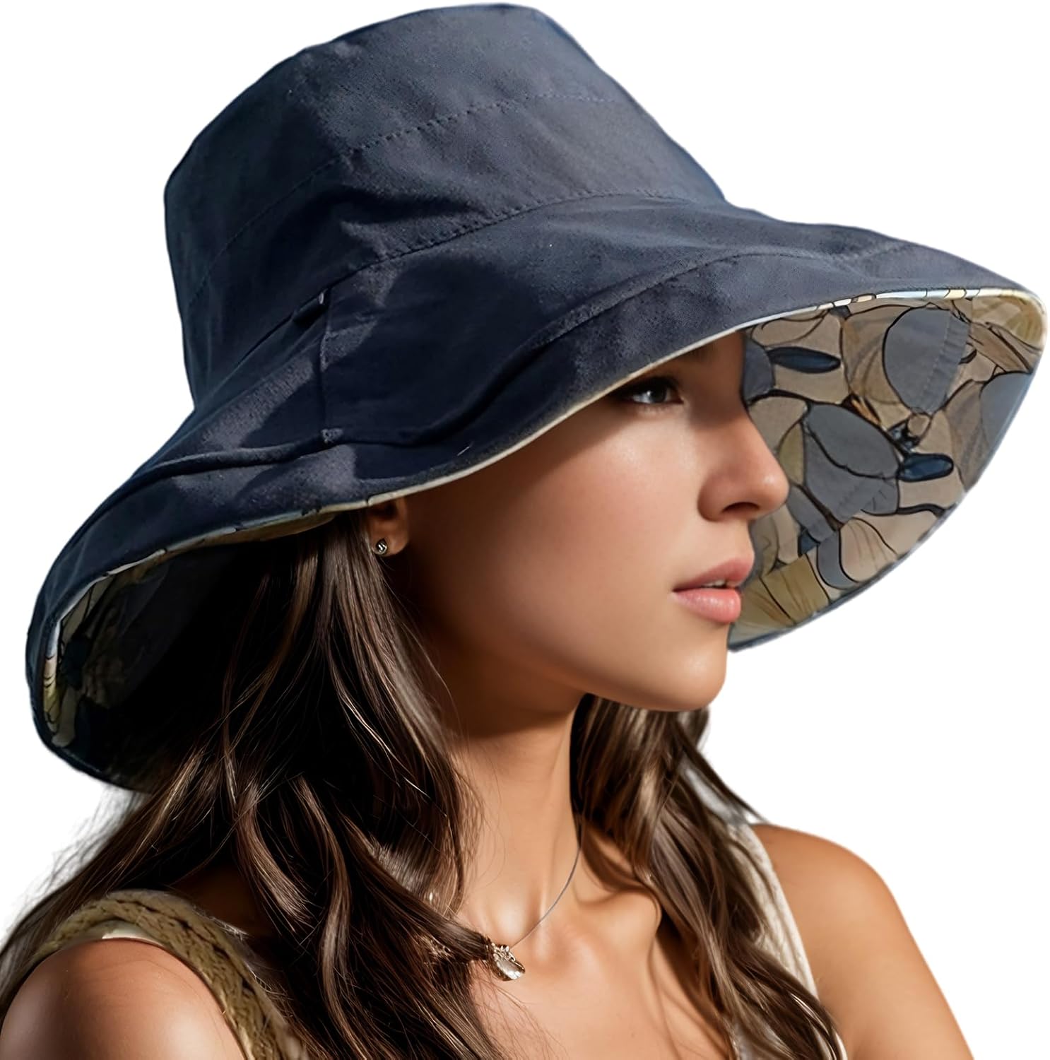 Women's Wide Brim Sun Hats UV Protection - Reversible Bucket Hat Foldable Beach Hat with Chin Strap Summer Hat for Travel