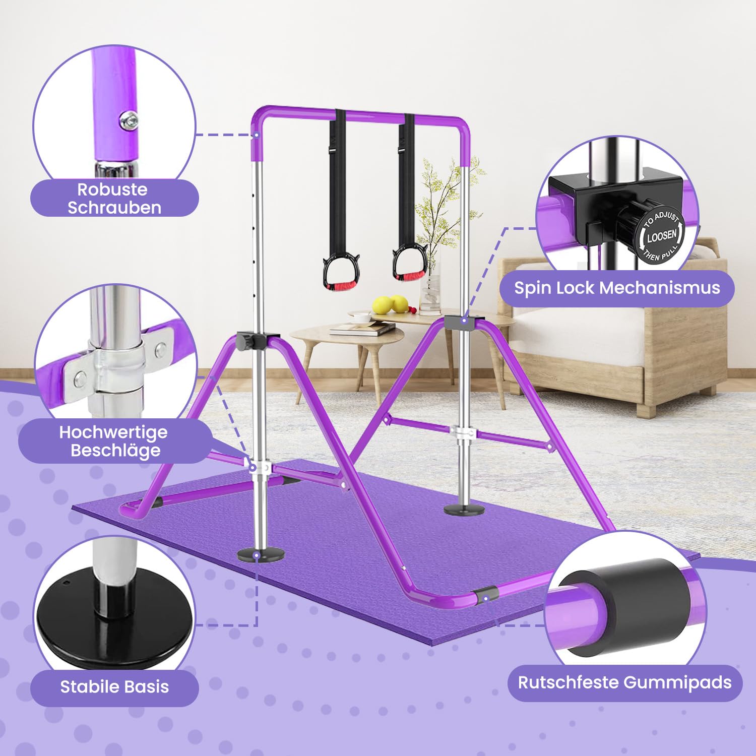 DOBESTS Gymnastikstange, Höhenverstellbares Turnreck 90-130cm, Faltbar | Mit Turnringen & Matte, bis 100 kg belastbar – platzsparend faltbares Gymnastikgerät für Zuhause, Fitnessraum & Garten