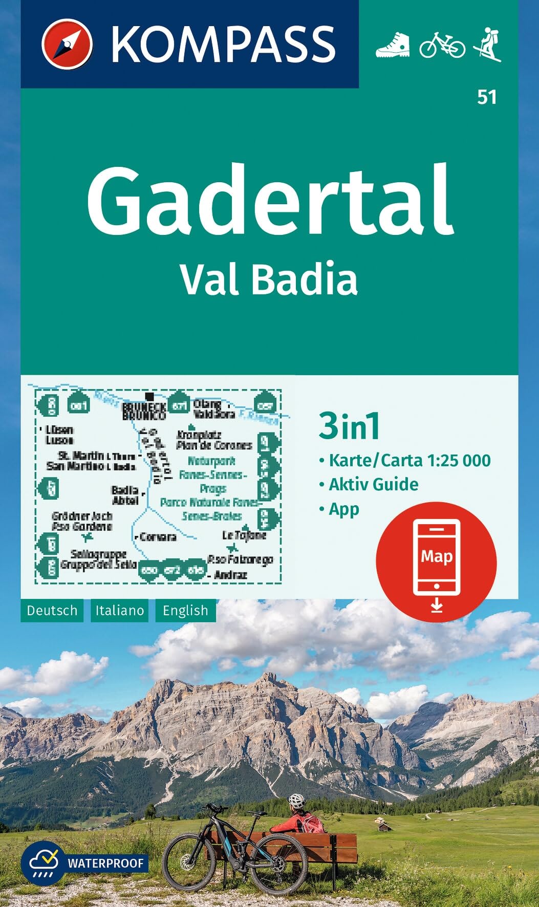 KOMPASS Wanderkarte 51 Gadertal / Val Badia 1:25.000: 3in1 Wanderkarte, mit Aktiv Guide inklusive Karte zur offline Verwendung in der KOMPASS-App. Fahrradfahren. Skitouren.