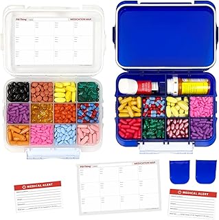 2-Pack Large Pill Organizer – Cobalt Blue + Clear | 12-Compartment Weekly Pill Case with Removable Dividers, Waterproof, Travel-Friendly (12 Compartment Combo Pack - 1 Blue & 1 Clear)