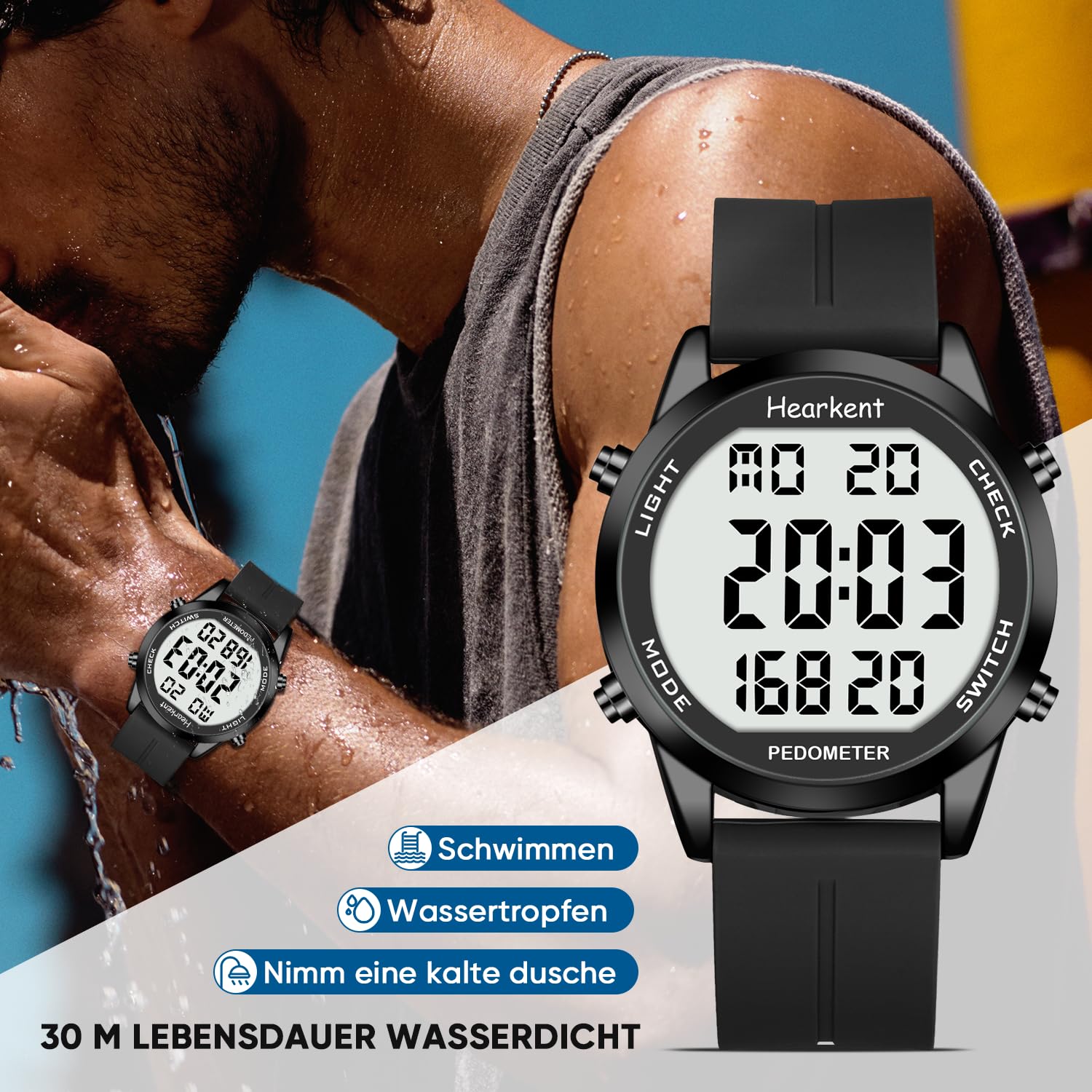 Hearkent Contapassi orologio senza Bluetooth, senza app contapassi, orologio impermeabile da 30 m, con numeri grandi LCD, contapassi per anziani, con conto alla rovescia, sveglia, contapassi