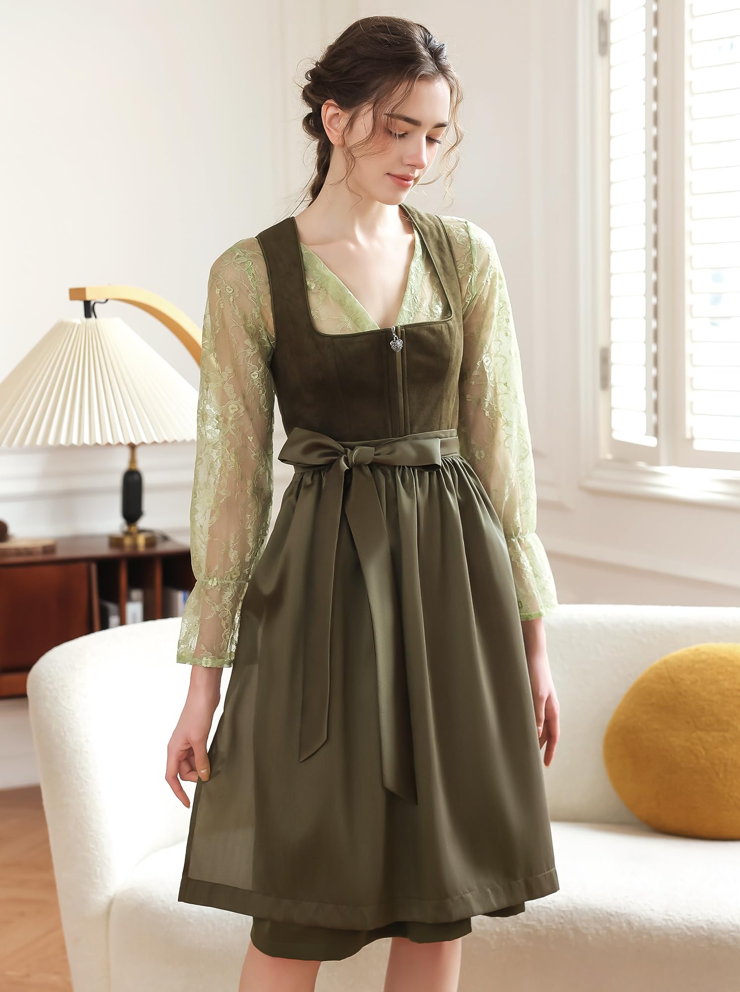 EIISSION Dirndl Damski Oktoberfest Kostium Oktoberfest Kostium Kostium Damski Zielony Tradycyjna Sukienka midi Trachten Sukienka 3 Pieces Sukienka Bluzka Fartuch