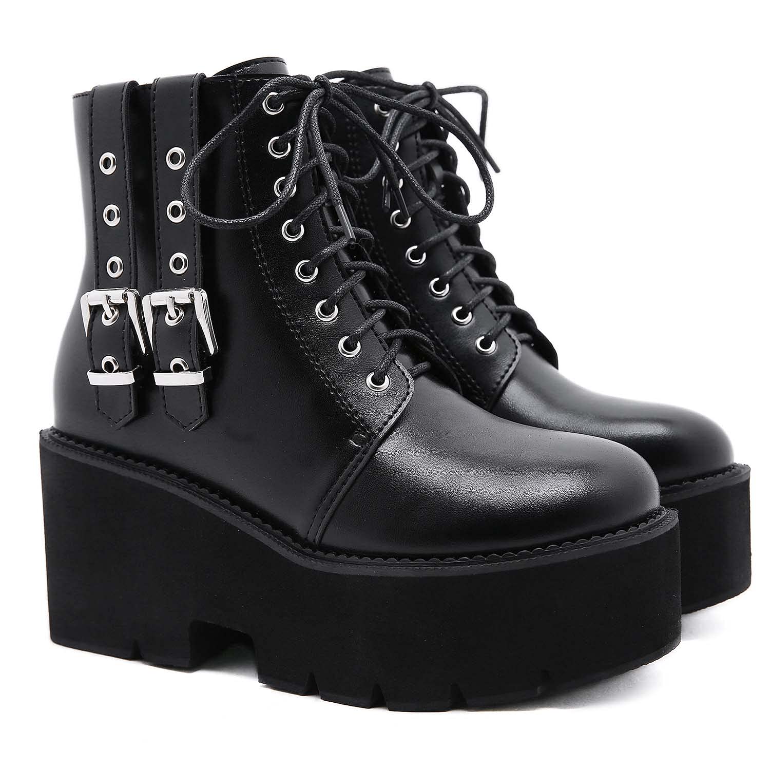 Gótica Punk Botines con Cordones y Plataforma Botas Militares con Tacón Grueso para Mujer