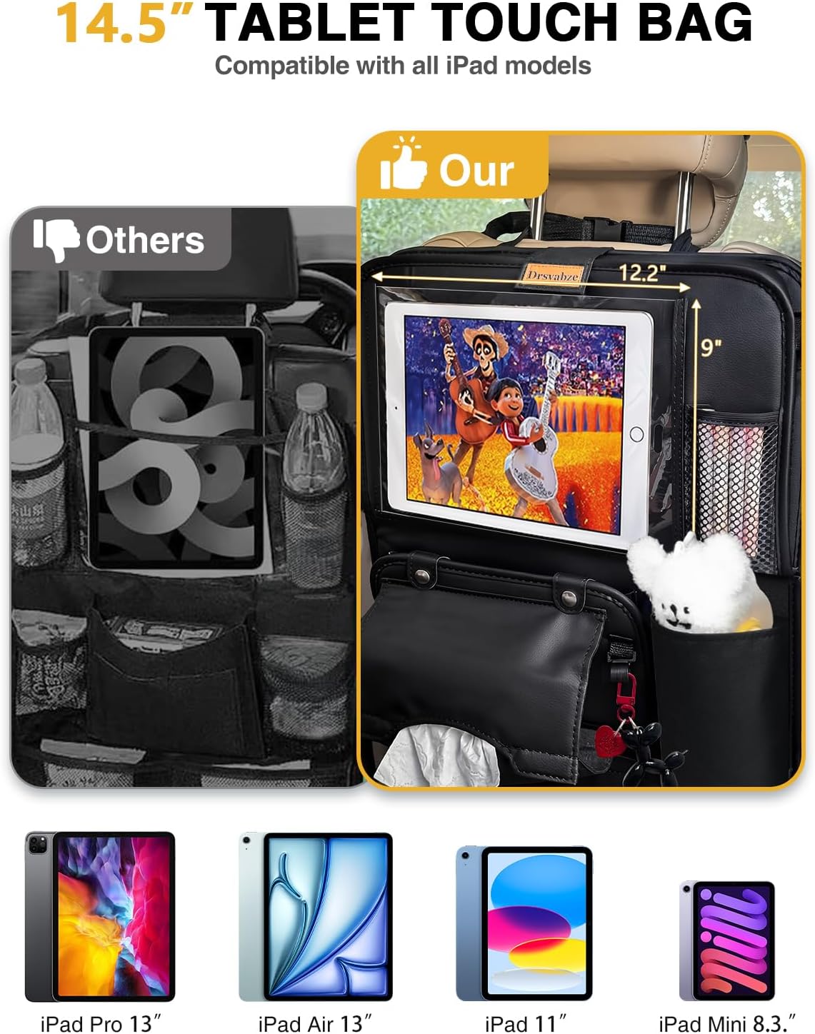 2-Pack Leather Car Backseat Organizer with Tablet Holder–Foldable Food Tray,Storage Pockets,Trash Can,Tissue Holder & Insulated Bag–Kick Mats Protector for Kids,Travel Accessories Organizer