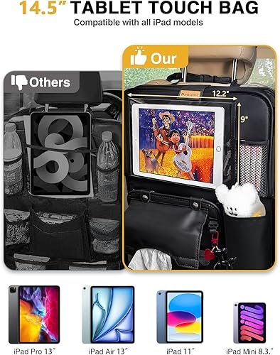 Miniatura 3 de Paquete de 2 organizadores de cuero para asiento trasero de automóvil con soporte para tableta, bandeja plegable para alimentos, bolsillos de