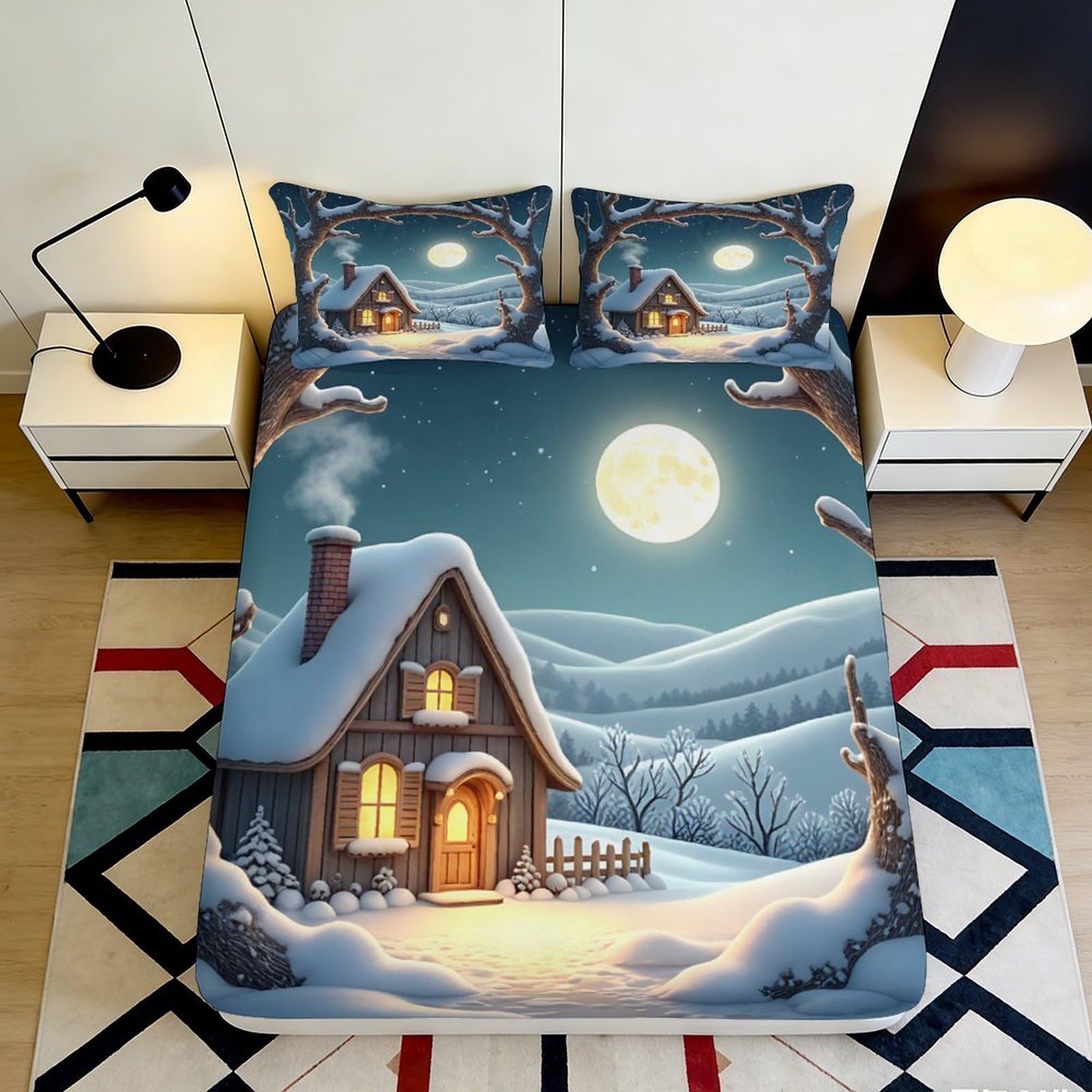3D Printed Winter Night Cottage Fitted Sheet Microfiber Soft Bed Cover Moon Snowy Landscape for Bedroom Decor 90x200x25cm