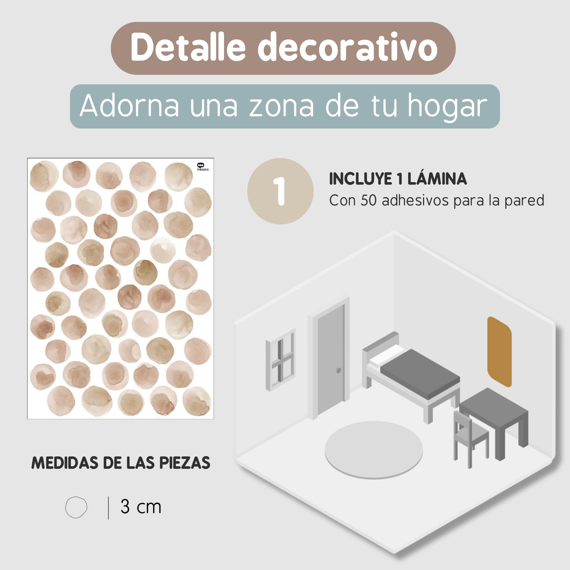 Pegatinas Pared Decorativas | Vinilo Adhesivo Pared Topos Acuarela | Efecto Papel Pintado | Detalle Decorativo | 50 piezas | TRESXICS (Marrón)