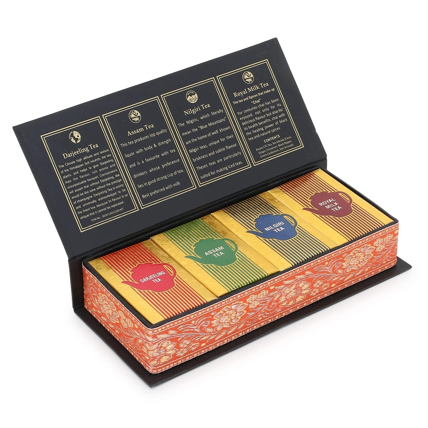 Pekoe International Assortment of 4 Premium Tea in Luxury Crafted Decorative Gift Box | Darjeeling Tea | Assam Tea | Nilgiri Tea | Royal Milk Tea | Healthy Gift | 25g Each |