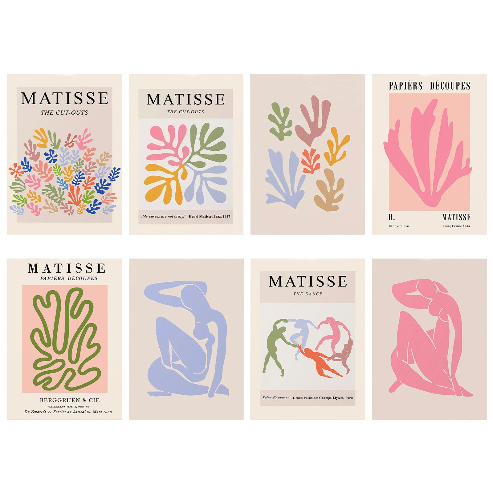 MOROBOR Matisse Wall Art Exhibition Poster, 8pcs Henri Matisse Posters 8X12 inches Canvas Prints Set for Room Aesthetic Frameless Abstract Art Prints