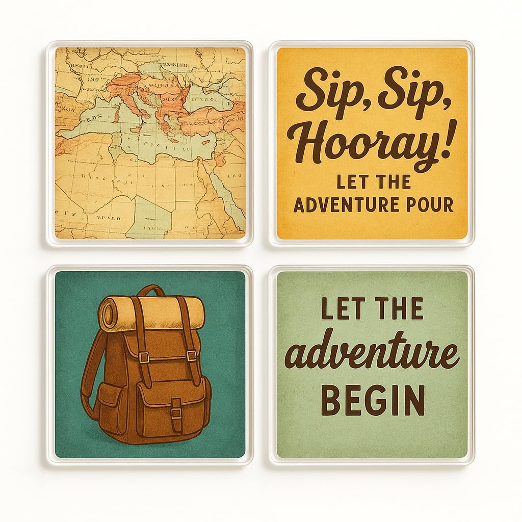 The Plum Penguin Wanderlust Whimsy Acrylic Coaster Gift Set Of 4 With Design - Rustic Travel Lover Decor For Home Adventure