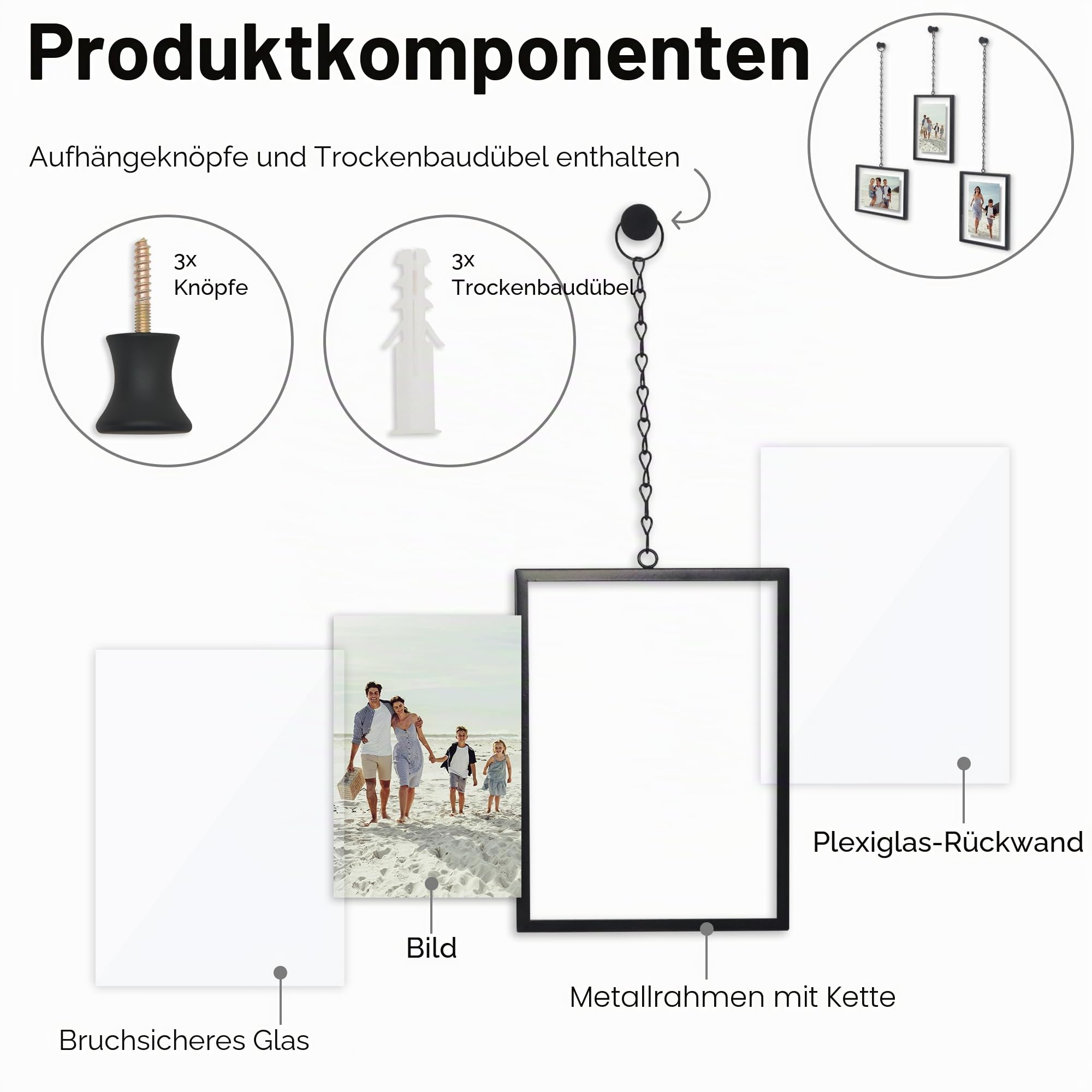 Americanflat Schwebender Metallrahmen mit Kette, 3 Stück, Verwendung als 10,2 x 15,2 cm Bilderrahmen, gepresste Blumen-Display für Wanddekoration, elegante schwarze Zierleiste mit bruchfestem Glas