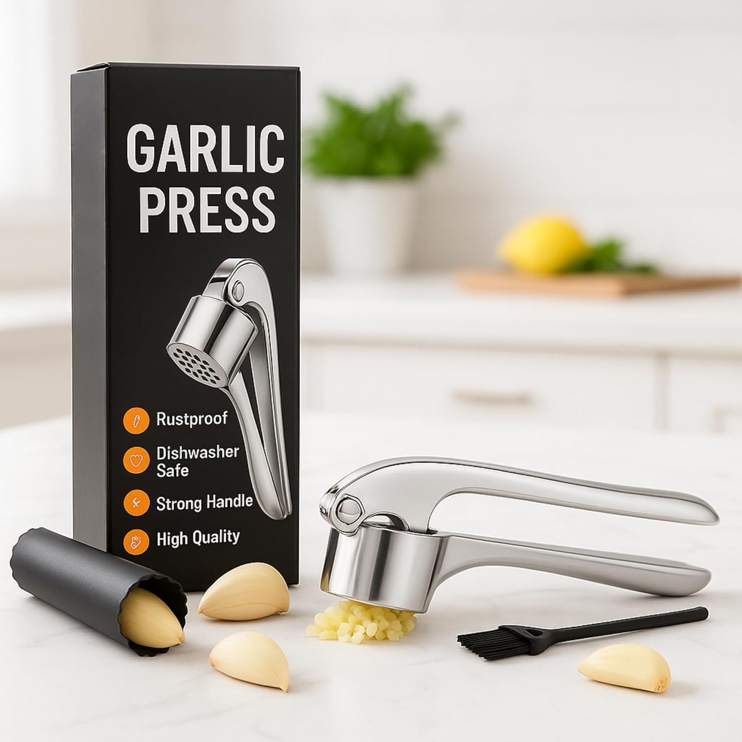 Stainless Steel Garlic Press & Mincer Tool – Heavy Duty Garlic Crusher & Garlic Peeler, Rustproof Garlic Mincer for Garlic & Ginger – Easy-Clean Dishwasher Safe Kitchen Gadget Stainless Steel Garlic Press & Mincer Tool – Heavy Duty Garlic Crusher & Garlic Peeler, Rustproof Garlic Mincer for Garlic & Ginger – Easy-Clean Dishwasher Safe Kitchen Gadget