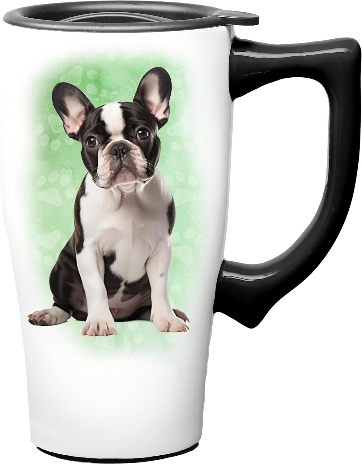 Spoontiques French Bulldog Ceramic Travel Coffee Mug with Lid and Handle - Spill Proof Lid - Double Walled Mug for Hot and Cold Beverages - Microwave and Dishwasher Safe