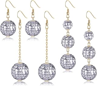 3Pairs Disco Ball Earrings for Women, 60s 70s Outfits Costume Accessory, Statement Dance Party Mirror Ball Dangle Earrings Halloween Holiday Gifts