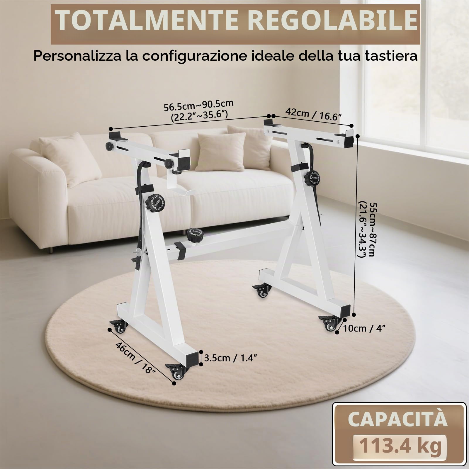 OUUTMEE Supporto per tastiera digitale, resistente, stile Z, regolabile in altezza e larghezza, con 4 ruote, adatto per pianoforti elettrici da 54 a 88 tasti, bianco