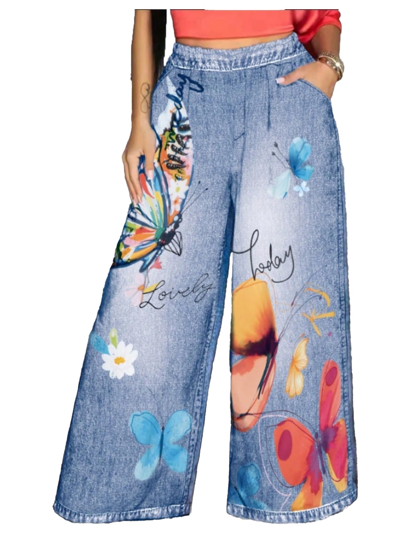 GORGLITTER Womens Butterfly Graphic Wide Leg Denim Pants Elastic High Waisted Baggy Jeans Streetwear