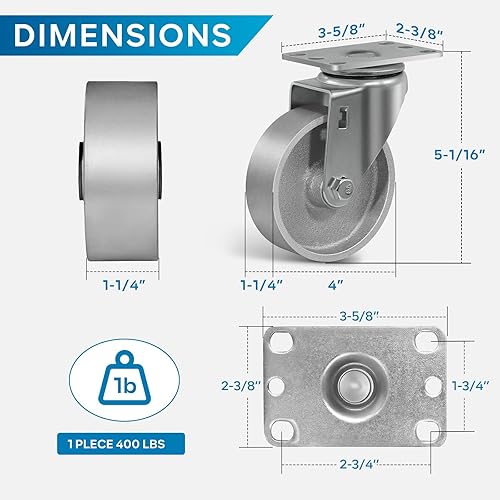 Miniatura 10 de Ruedas industriales de 3 x 1.25 pulgadas, ruedas resistentes, ruedas de hierro fundido, juego de 4 ruedas de acero con capacidad de hasta 1400