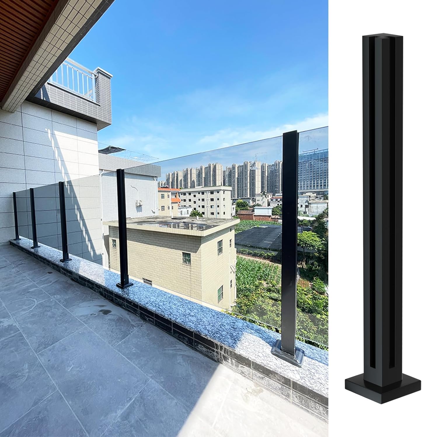Poteau de garde-corps en verre noir en inox 304 d'angle pour escalier et balcon 95cm