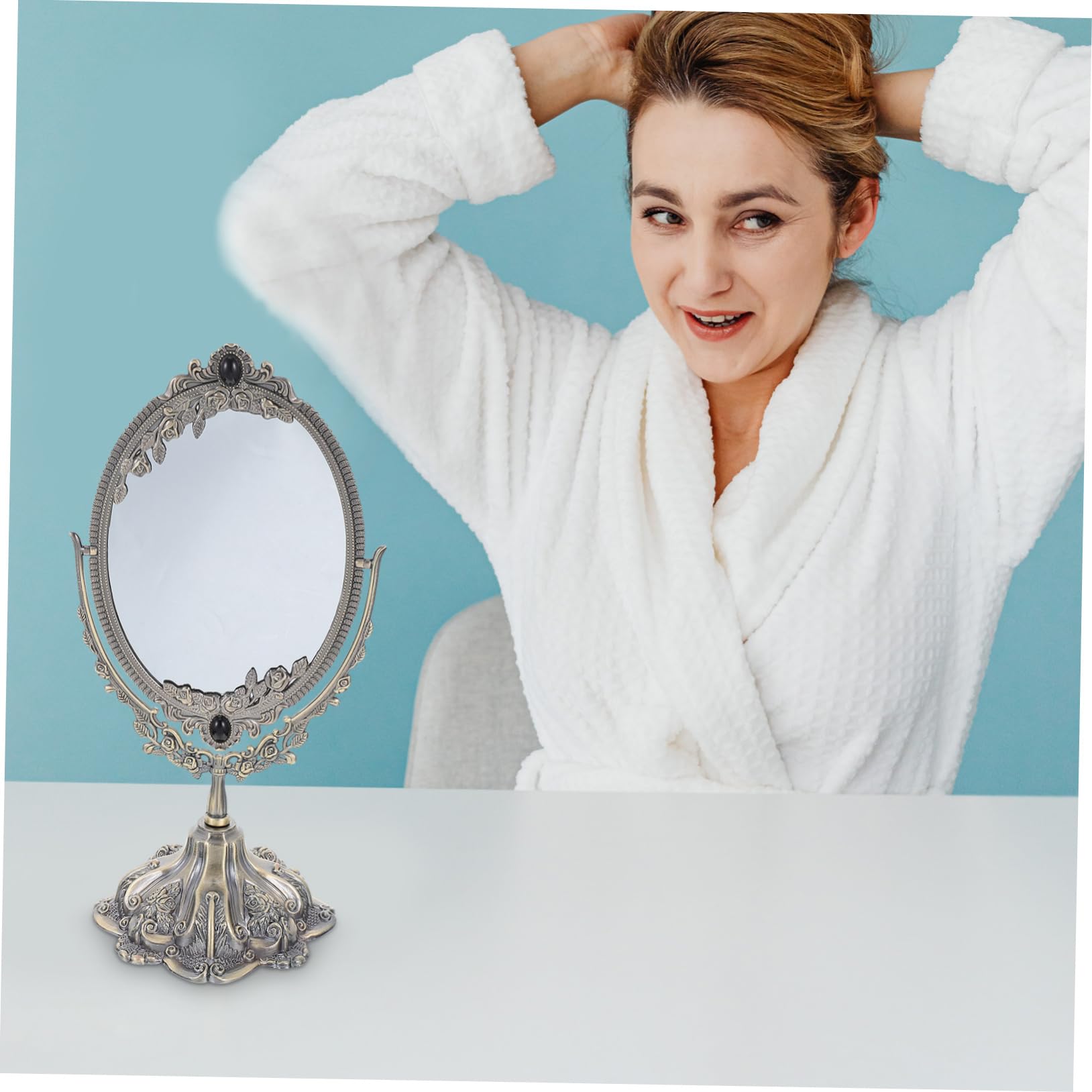 CALLARON Retro Kosmetikspiegel aus Zinklegierung, Doppelseitig Drehbar | Europäischer Stil, Flacher Standfuß, Hohe Klarheit, für Make Up und Hochzeit