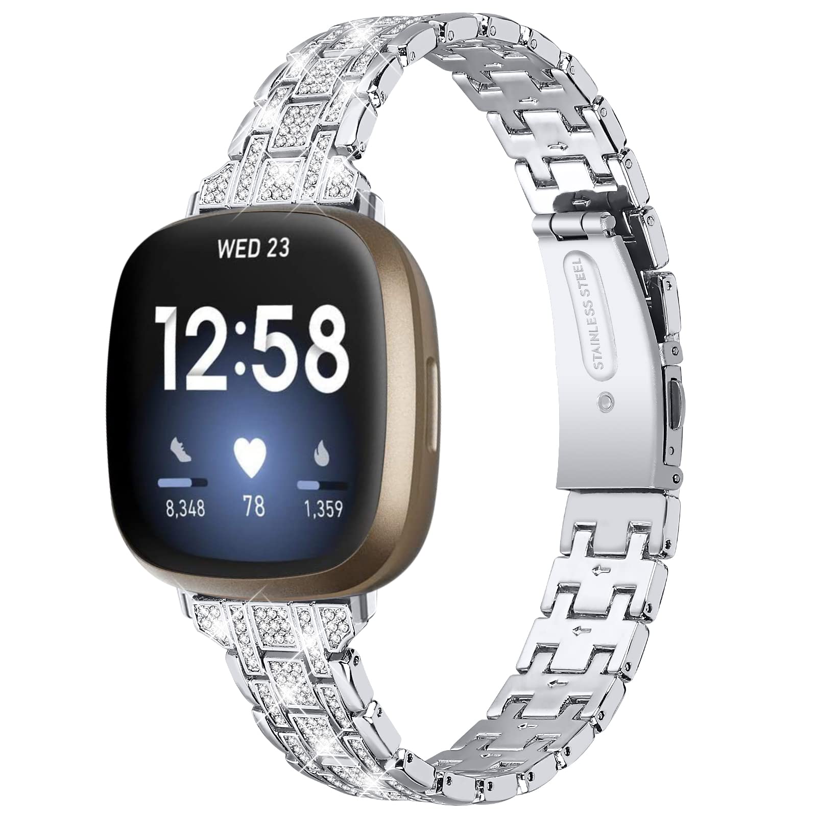 Gimuk Metal Strap Compatible with Fitbit Versa 4/Versa 3/Fitbit Sense 2/Sense Strap, Women Men Stainless Steel Bling Rhinestones Replacement Strap Wristband Accessories Band Bracelet