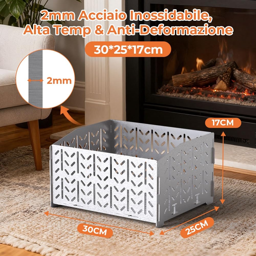 OUSFOT Cestino a pellet per caminetto in acciaio inox 430, contenitore a pellet, 30 x 25 x 17 cm, 2,8 kg, portatile, cestino granulare per intarsi, cestello per stufa a legna, camino aperto