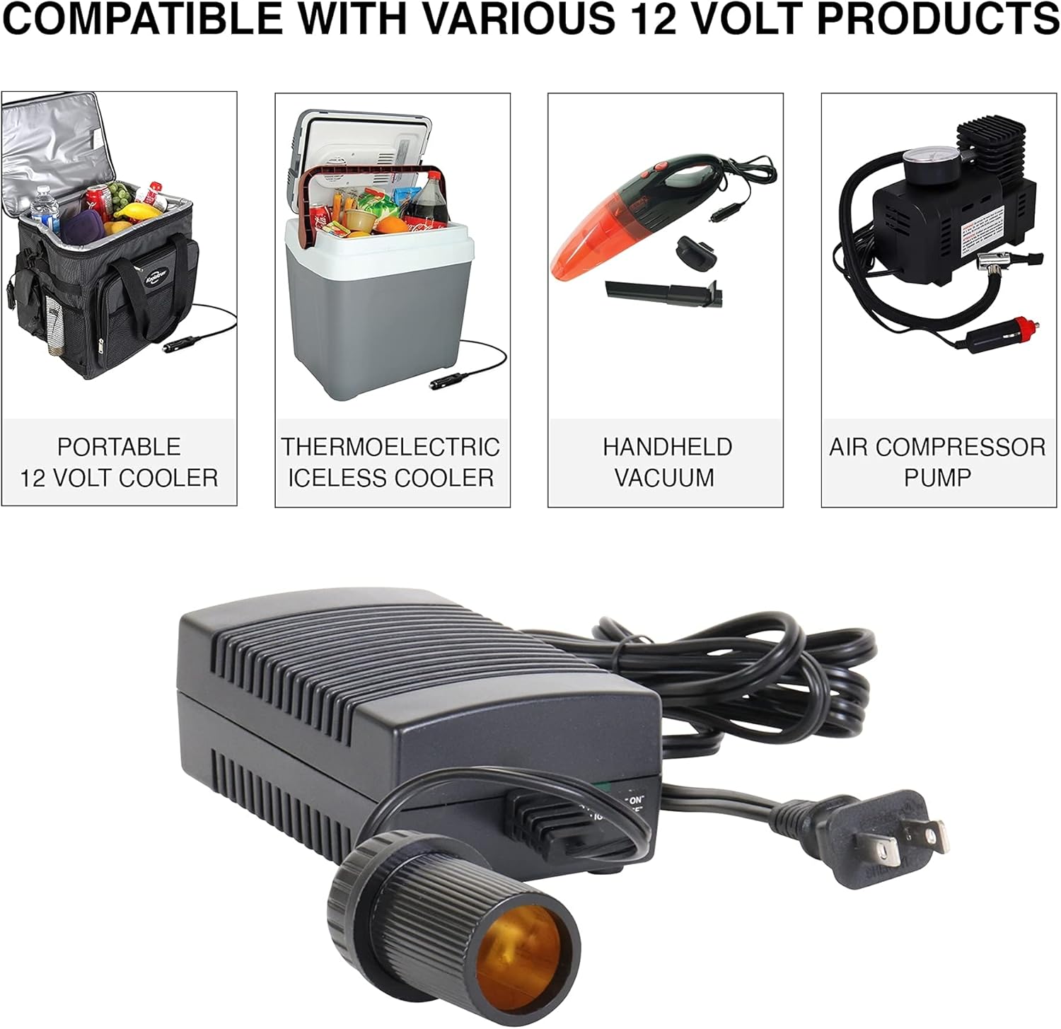 Koolatron 110 Volt AC to 12 Volt DC Power Adapter w/Circuit Breaker 12V 5A DC Power Converter Black 6 Ft (1.8 m) Cord for Portable Devices Compressor Car Fridge and More