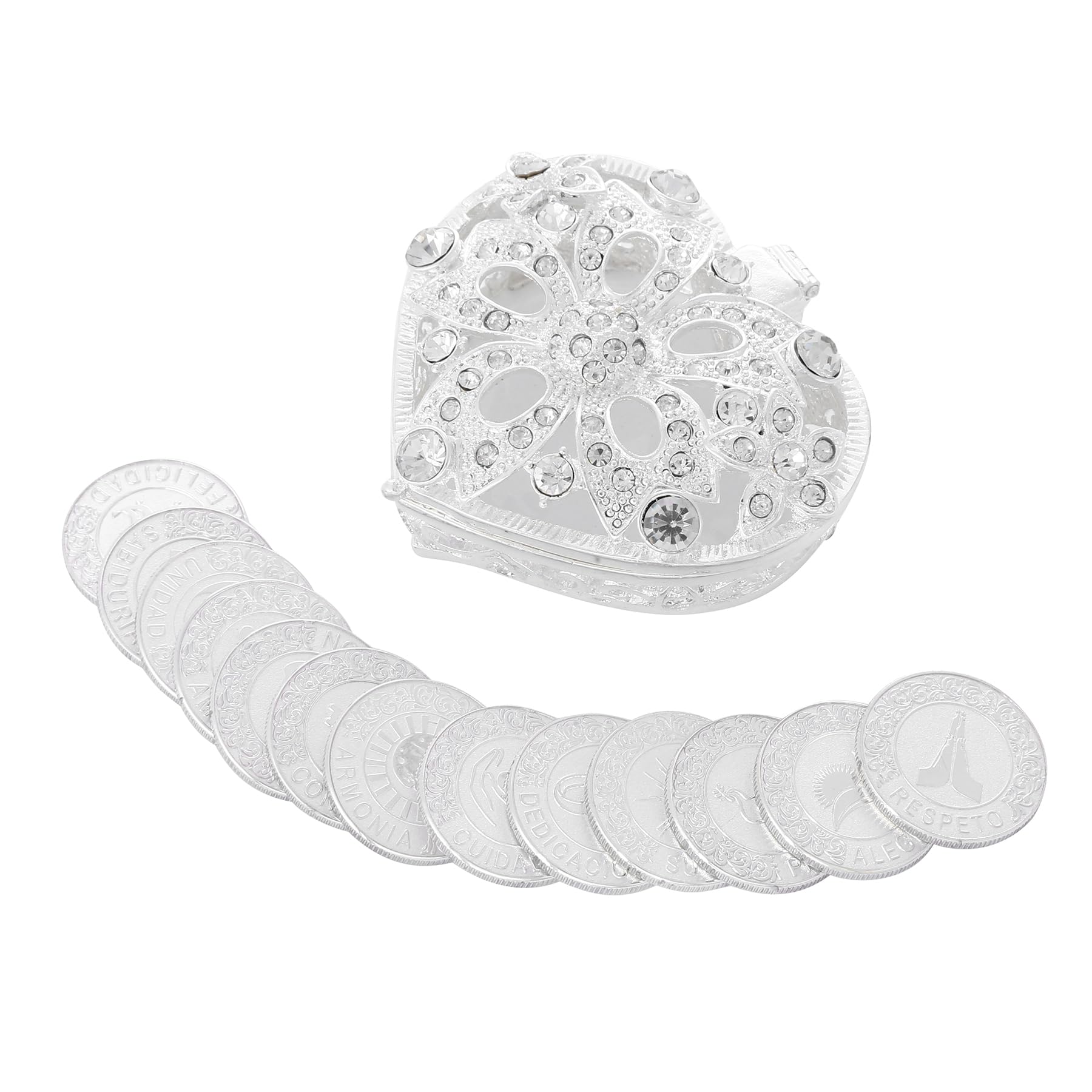 TINGKU Arras de boda para boda,monedas de plata inglesas de boda, Arras de boda católica, monedas de boda, ideas de ceremonia de unidad con caja de amor de perlas de diamante, recuerdos para boda con caja en