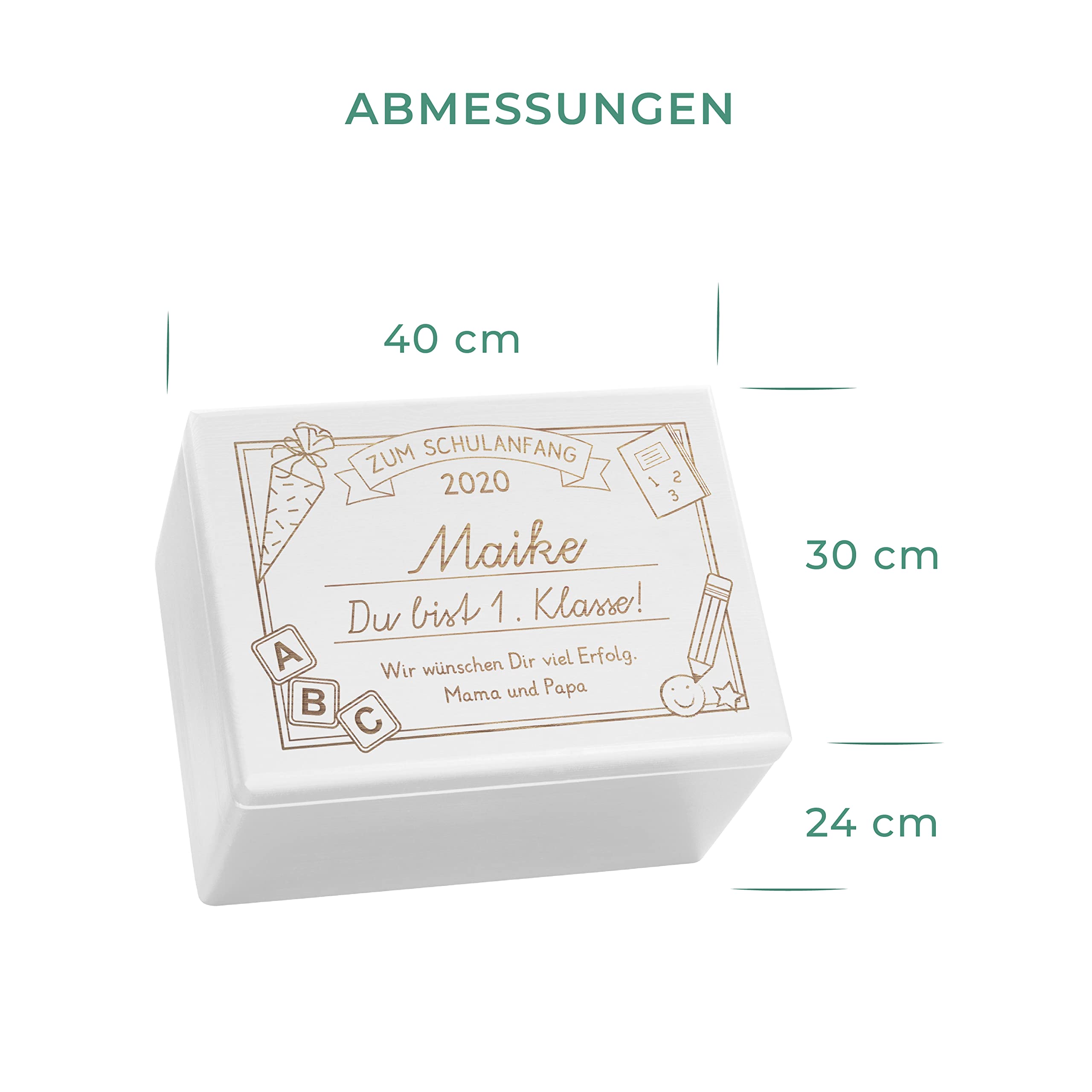 LAUBLUST Holzkiste mit Gravur - Personalisiert mit Datum | Name | WIDMUNG - Weiß, Größe XL - Schreibtafel Motiv - Geschenkkiste zur Einschulung, FSC®