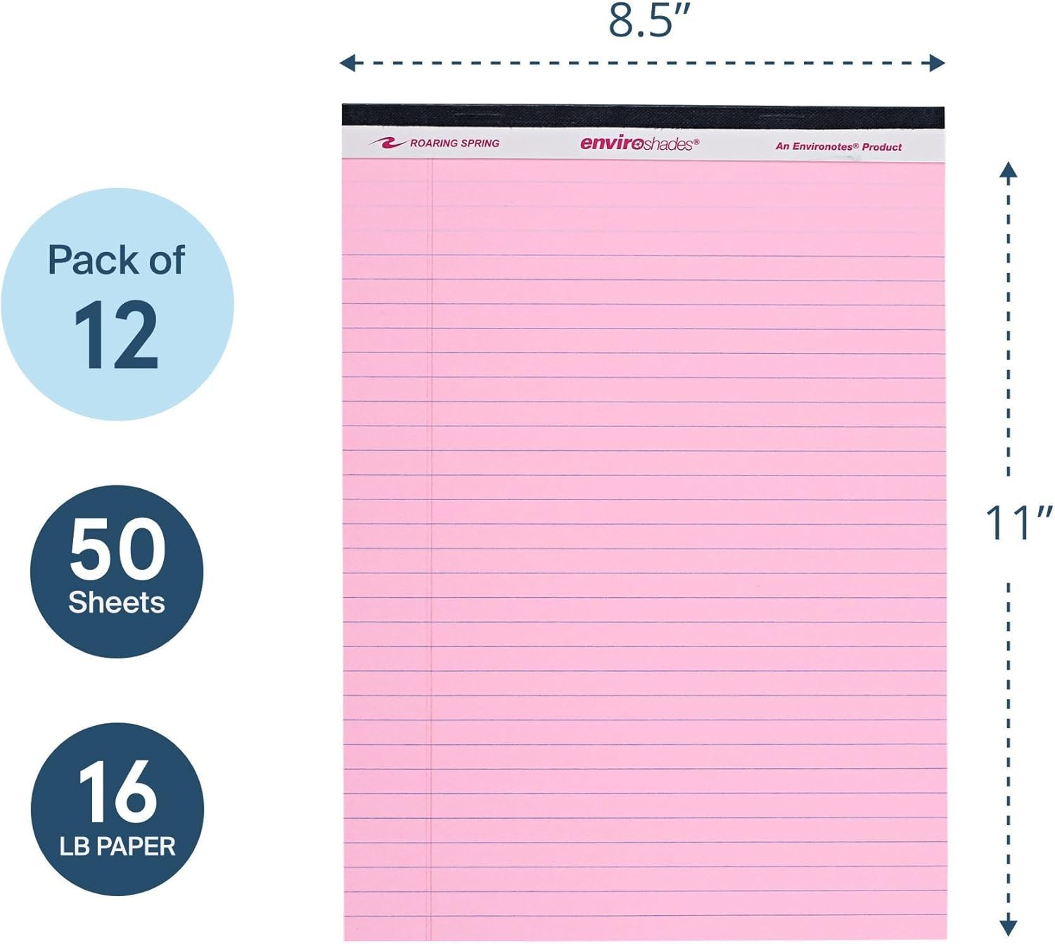 ROARING SPRING Enviroshades Pink Legal Pads, 12 Pack, Legal Ruled Recycled Colored Writing Note Pads, 8.5" x 11", 50 Sheets, Perforated Paper, Made in USA, Memo Pad For School & Office