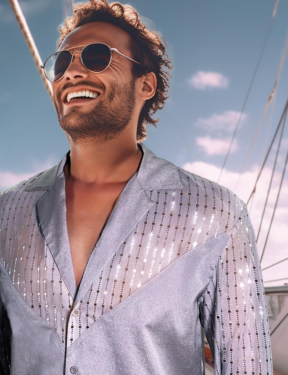 Mens Mesh Sequins See Through 70s Disco Long Sleeve Button Down Shirts - Image 3