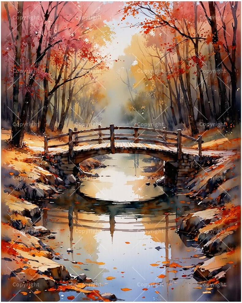 Autumn Bridge Paint by Numbers Kit for Adults - DIY Landscape Painting on Canvas, Acrylic Paint Set, Suitable for Beginners, Art for Home Decoration or Gifts(16X20IN Framed)