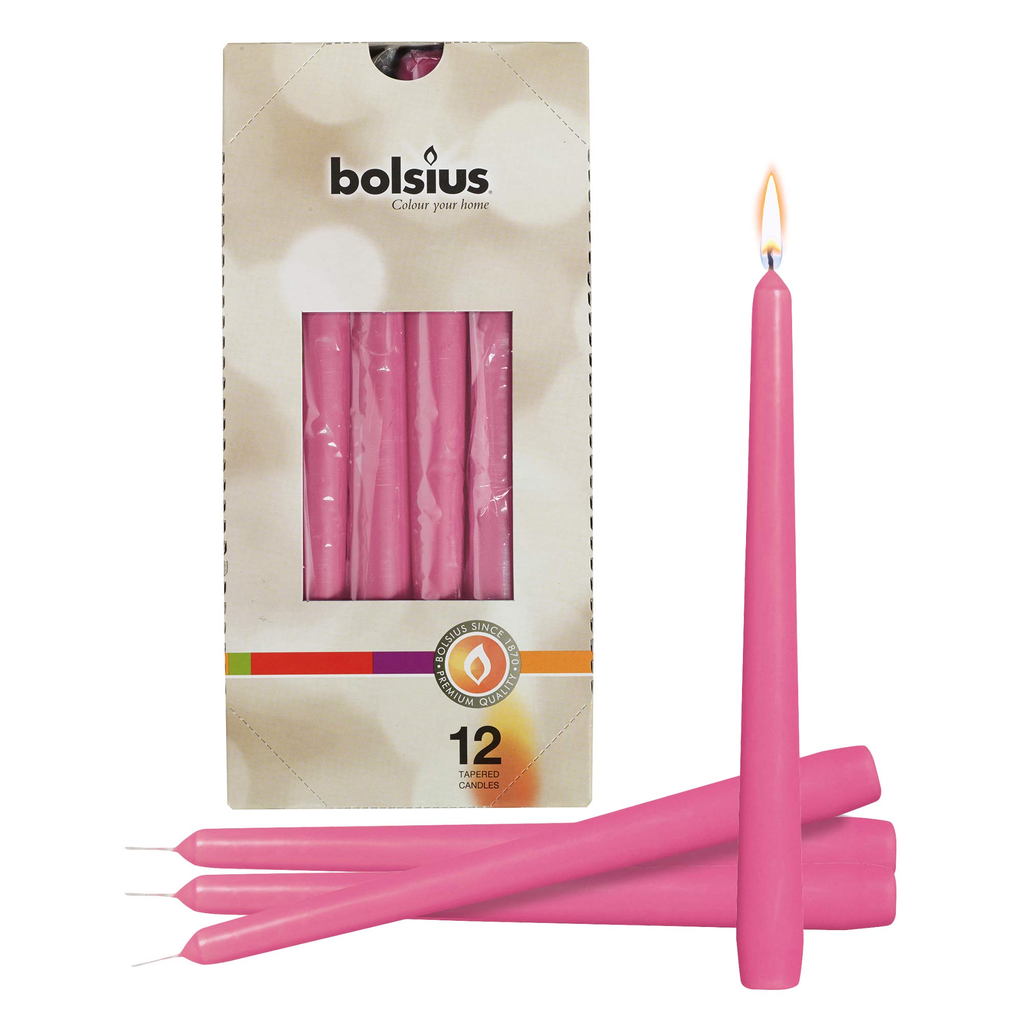 bolsius set of 12 pink unscented drip less taper candles- clean burning smokeless dinner candles for wedding & home decor party restaurant spa church- 10 inch individually wrapped