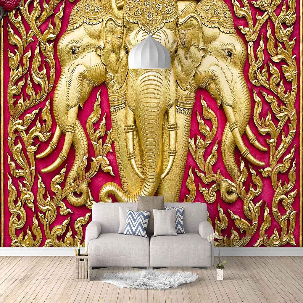Papier peint éléphant d'or déco salon et bureau poster mural 3D autocollant grand format