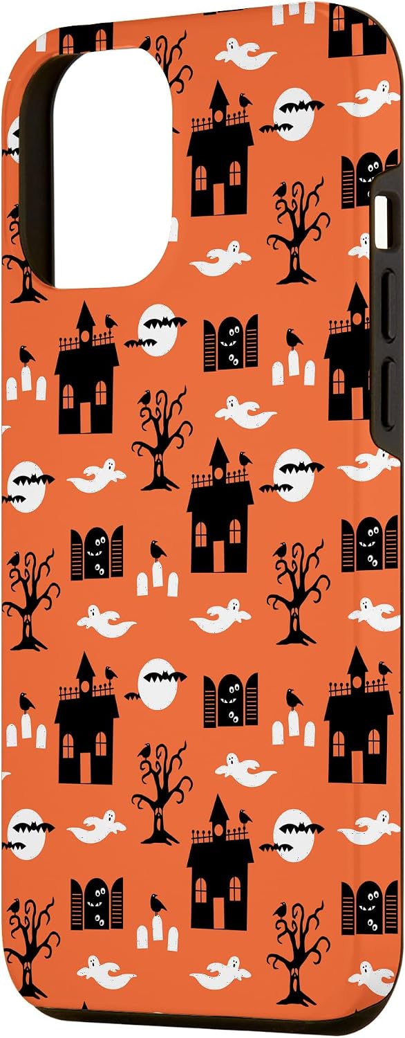 iPhone 12 Pro Max House Full Moon Ghost Halloween Design Orange Phone Case