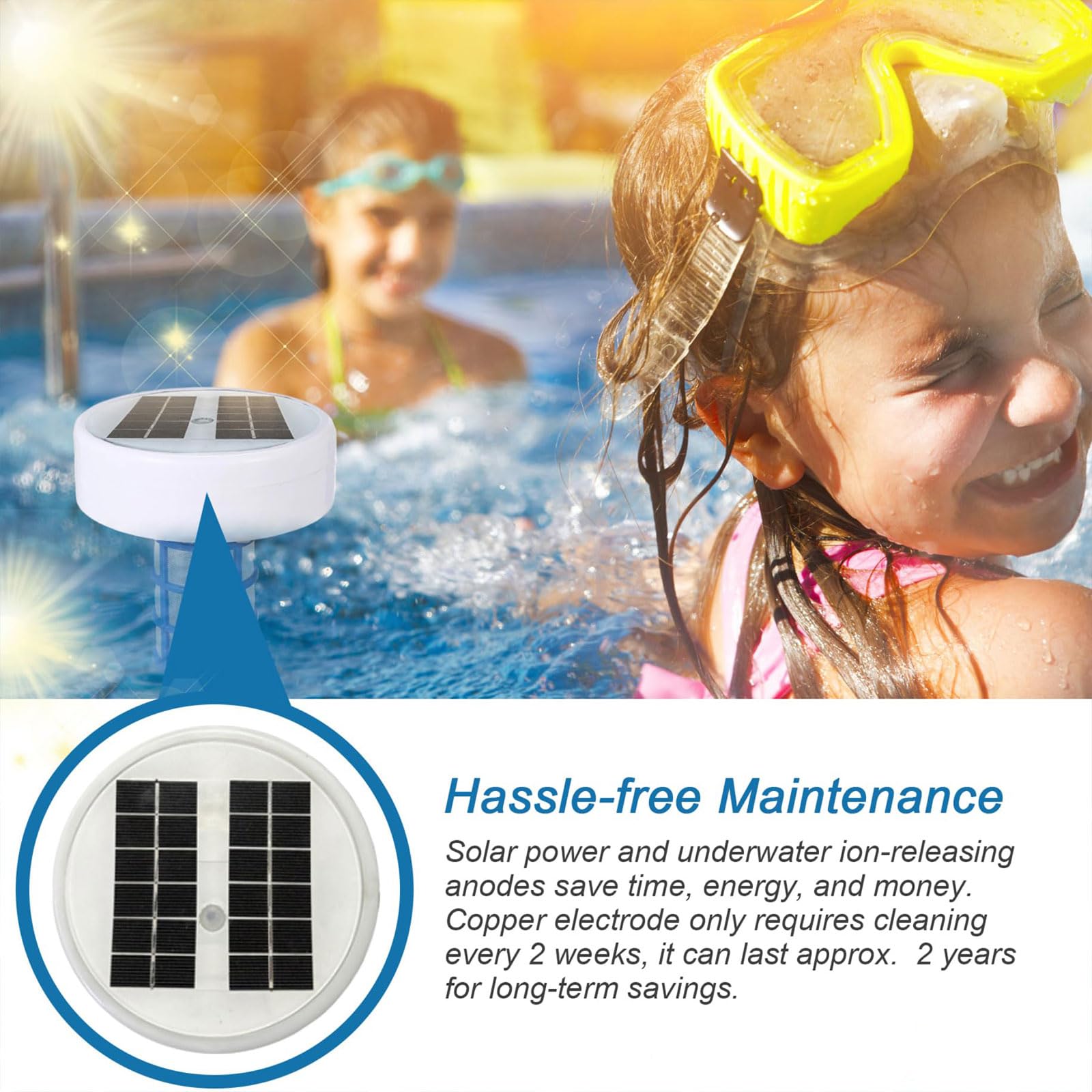 Ionizzatore per Piscina in Rame, Depuratore d’Acqua Galleggiante ad Energia Solare con Luci LED Multicolori e Spazzola, Controllo Ecologico delle Alghe, Purificatore Solare per Piscine per Spa ad