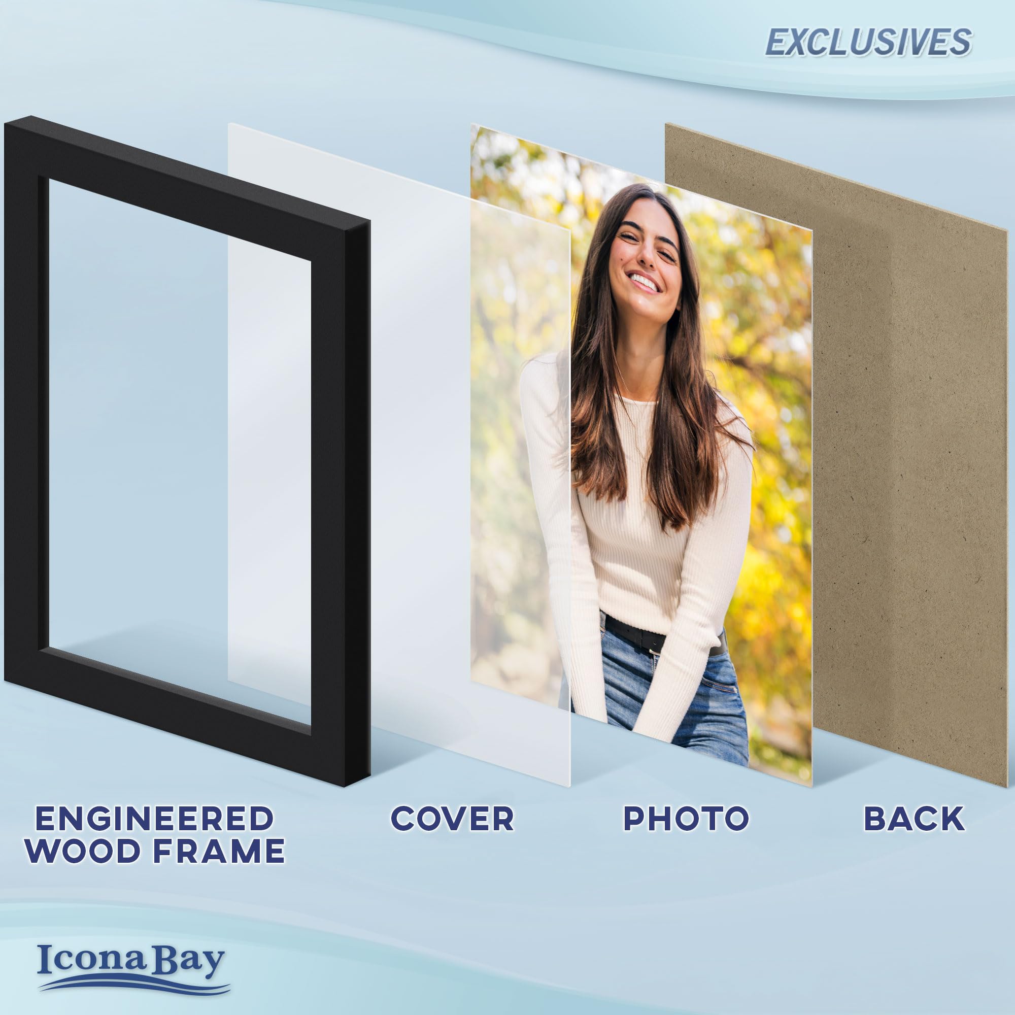 Icona Bay 7 x 5 ramki na zdjęcia (czarne, 6 sztuk), solidne drewniane kompozytowe ramki na zdjęcia 18 x 5, elegancki design, blat stołu lub uchwyt na ścianę, kolekcja Exclusives
