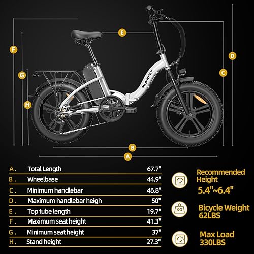 Miniatura 7 de Mukkpet Bicicleta eléctrica para adultos, bicicleta eléctrica plegable de 20 x 4.0 pulgadas, con neumático grueso para hombres y mujeres, con motor