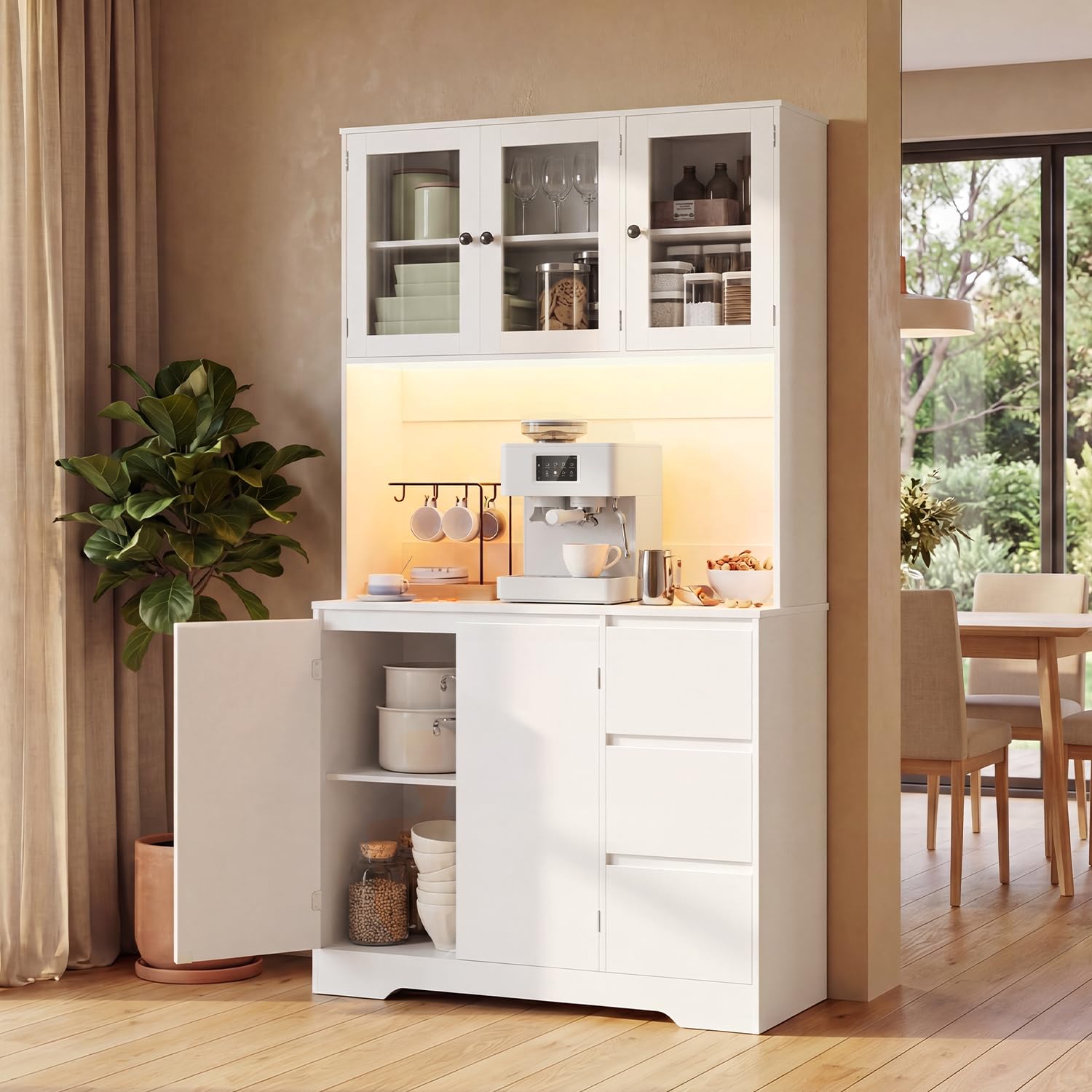 Xbro Credenza Cucina con LED e Presa Integrata, Coffee Station con Vano Microonde, Mobile Dispensa Salvaspazio con 5 Ante 3 Cassetti e Ante in Vetro, per Cucina Sala da Pranzo Soggiorno, 100x40x180 cm