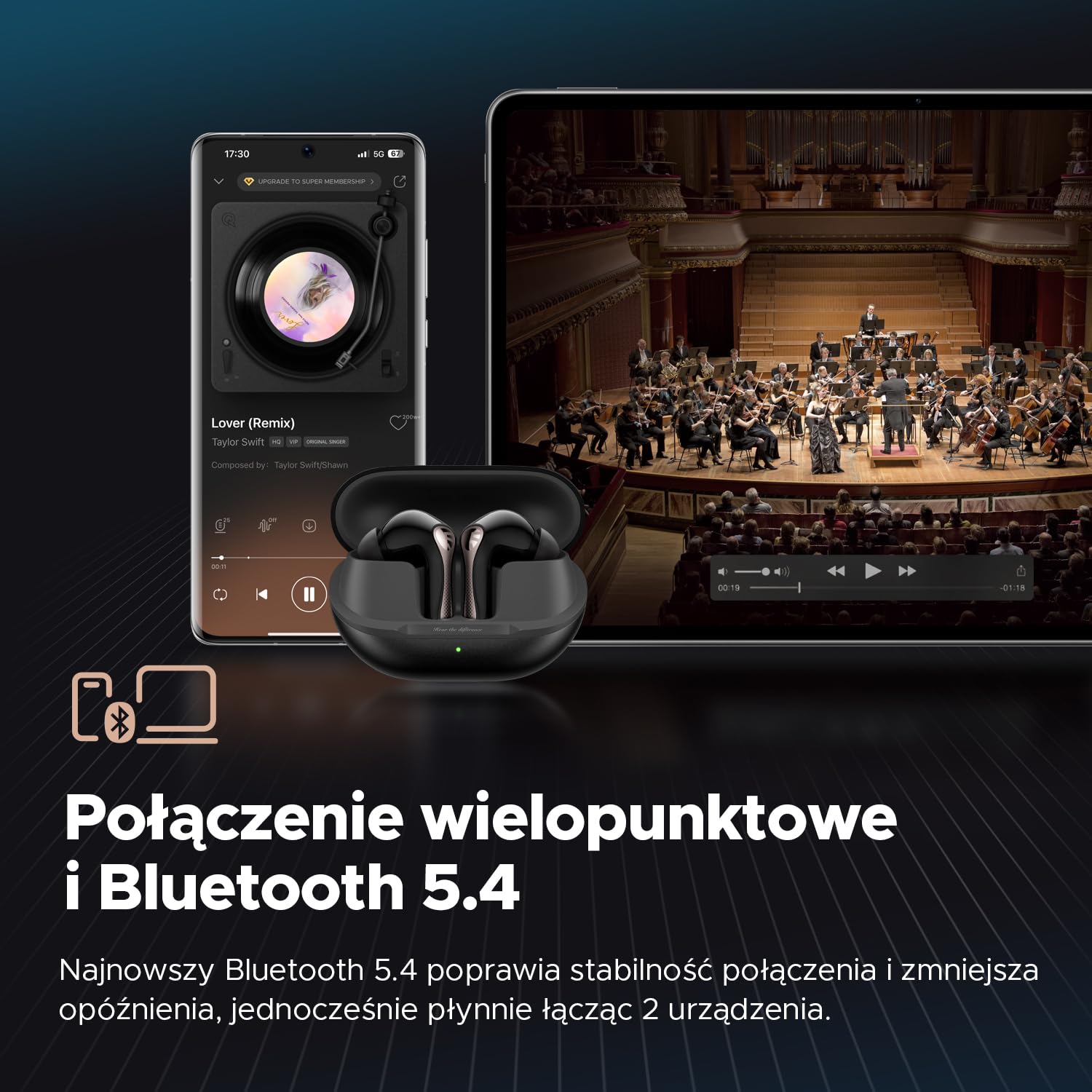 SOUNDPEATS Air5 Pro Bezprzewodowe Słuchawki Douszne z Adaptacyjnym Hybrydowym Tłumieniem Hałasu, Bluetooth 5.4, Hi-Res Audio z aptX Lossless i LDAC, 6 Mikrofony, 37H Czasu Odtwarzania Czarny