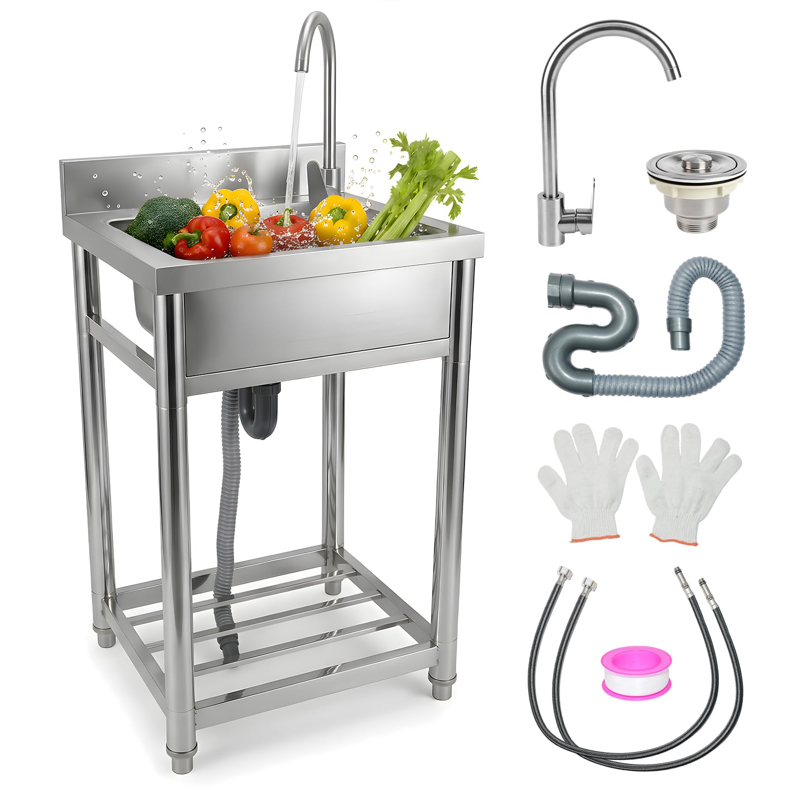 Stainless Steel Utility Sink, 22" Freestanding Single Bowl Laundry Sink with Drain Basket, Commercial Sink with Adjustable Leveling Legs, for Garage, Restaurant and Kitchen Use