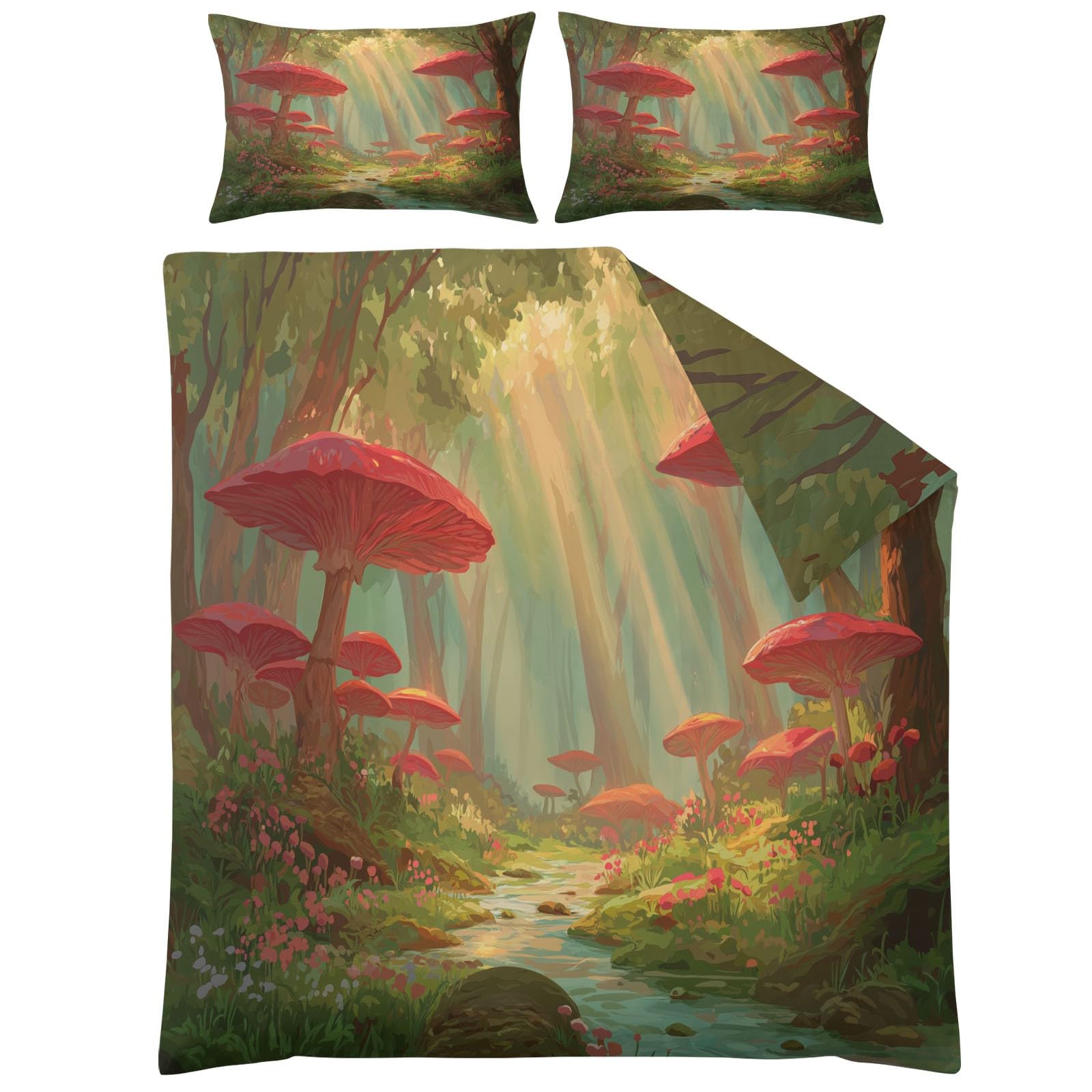 Dwustronna Natura Fantastyczna Poszwa na kołdrę Dekoracja 155 x 220 cm | Zestaw pościeli z miękkim zamkiem błyskawicznym, zestaw pościeli z grzybami leśnymi 2 poszewki na poduszki chłopcy dziewczęta