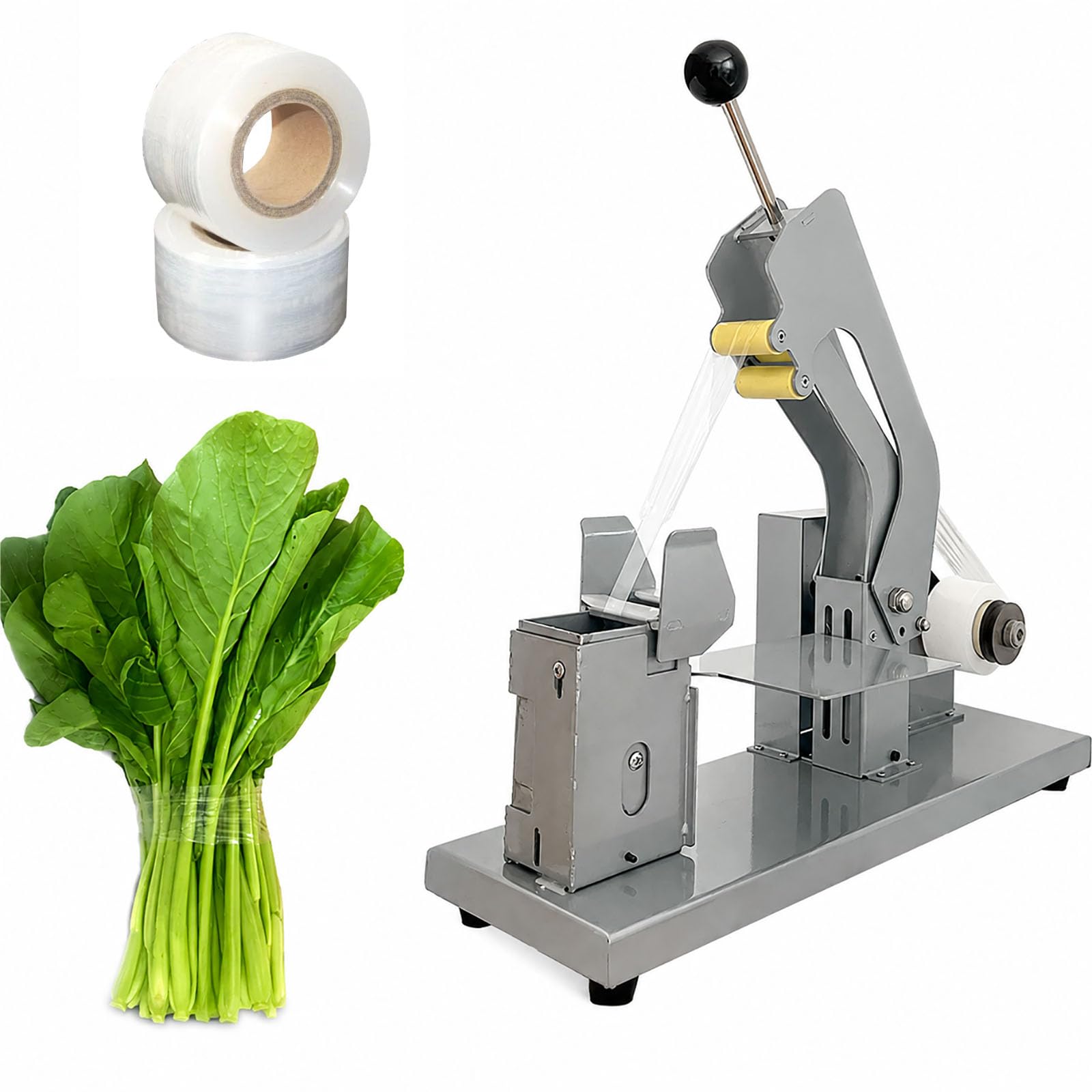 QINPI Vegetable Bundling Machine, with 100 Rolls Of PE Film, Semi-Automatic Packaging for PE/PVC Film, Adjustable Tightness Control, Return Spring, for Supermarkets Bakeries Cafe Shops Farms