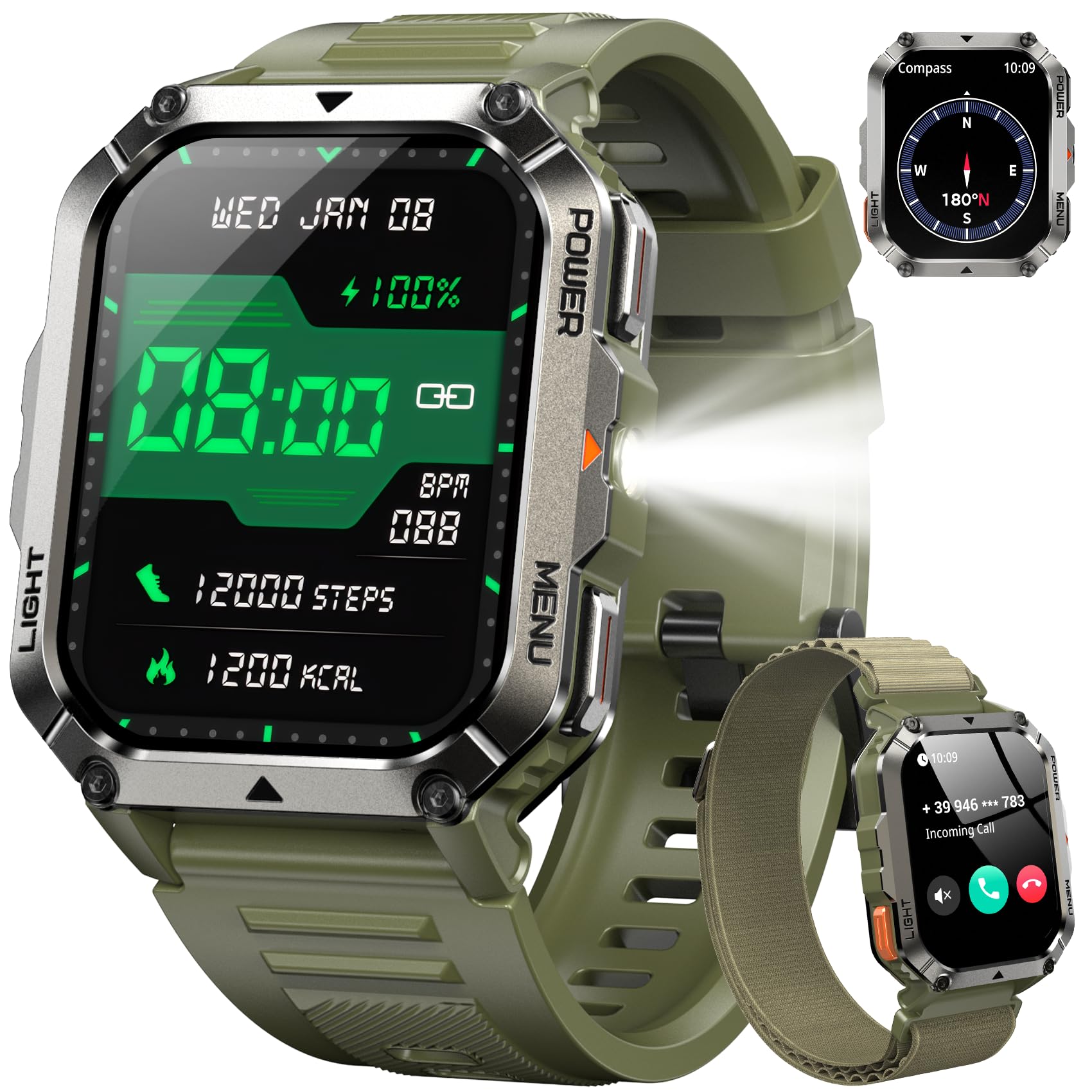 IOWODO Smartwatch Uomo Militare 2.01" con Chiamate Bluetooth, Batteria 900mAh Grande, Torcia LED, Bussola, IP68 Impermeabile, Monitoraggio Cuore/Ossigeno/Sonno, 123 Modalità Sportive, 2 Cinturini