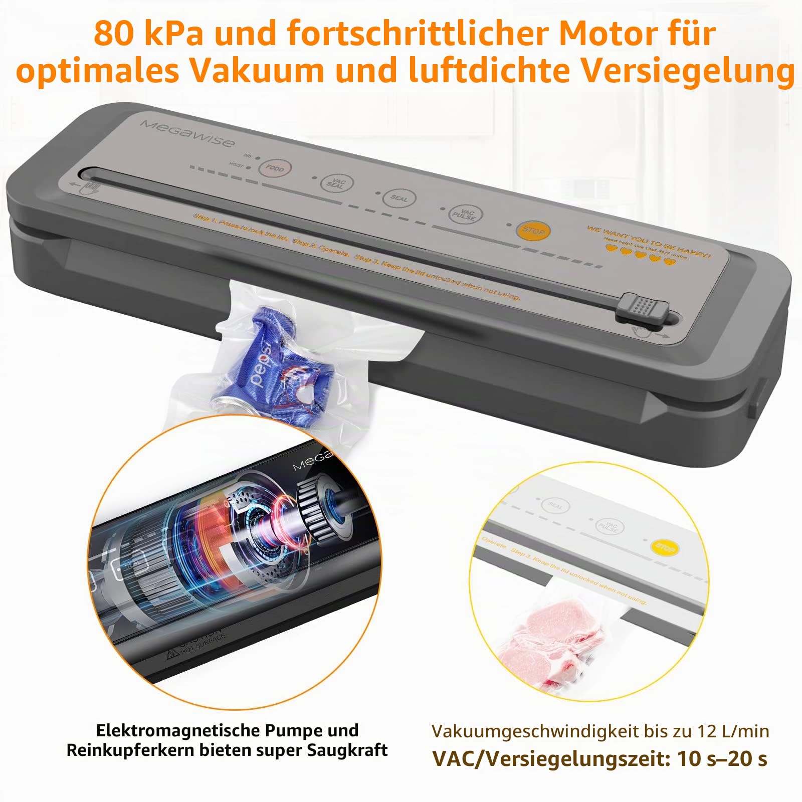 MegaWise Vakuumiergerät 80 kPa Saugleistung integrierter Schneider Ein-Tasten-Bedienung 10 BPA-freie Beutel Trocken- und Feuchtmodus