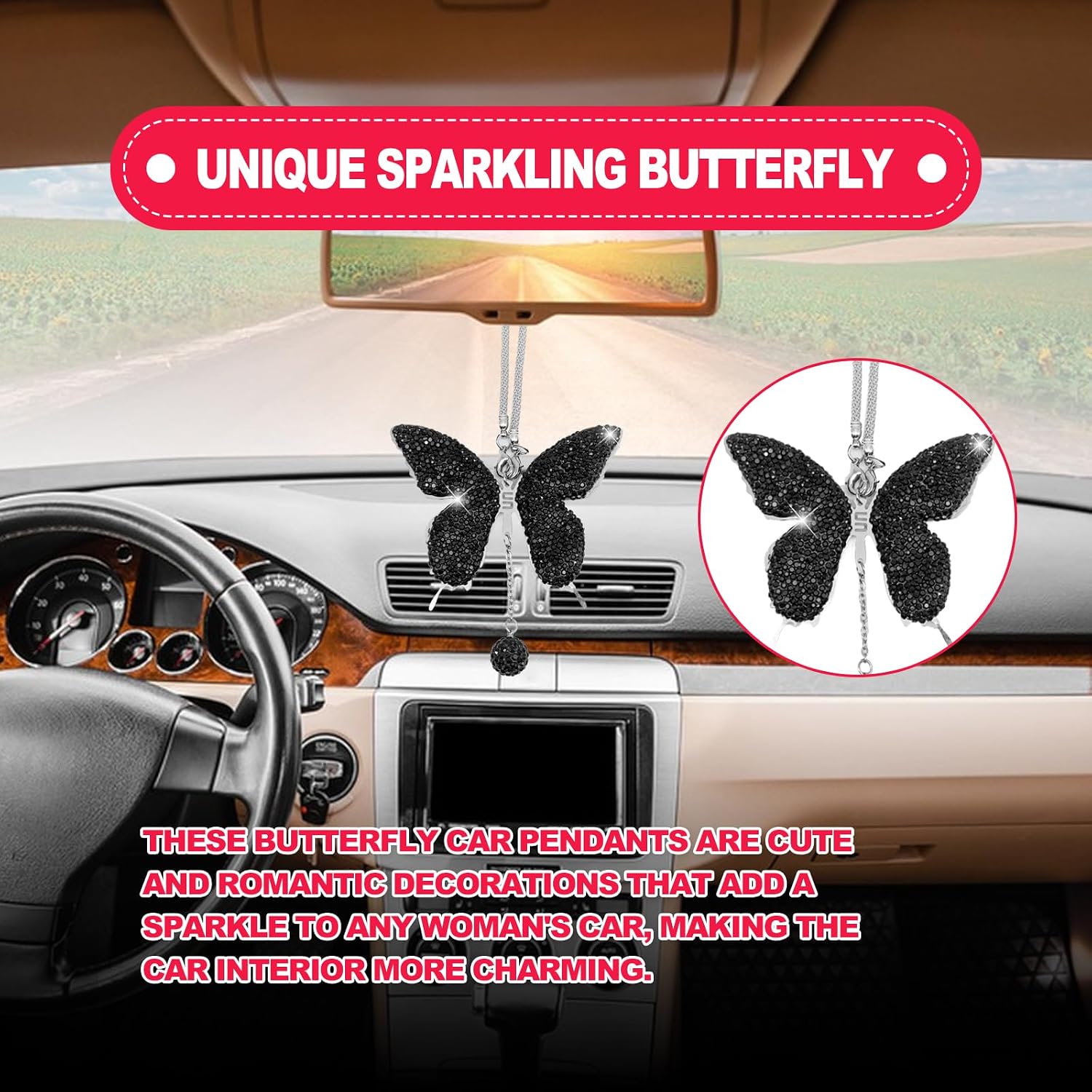 Butterfly Diamond Car Hanging Accessories, Bling Lucky Hanging Interior Ornament Pendant, Crystal Car Rear View Mirror Charms Decorative Accessories for Women Valentine's Day Gifts. (Black) image 5