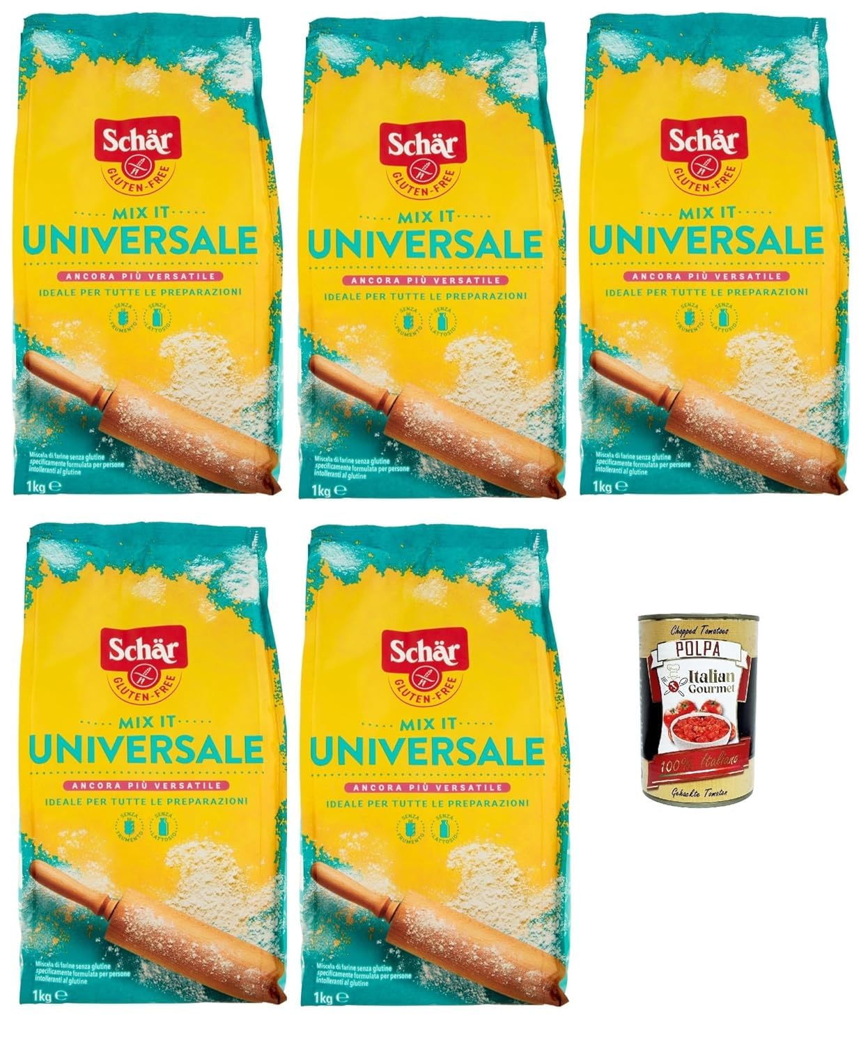 Italian Gourmet Bundle farine sans gluten 5 x 1 kg, mix universel pour pain gâteaux pizza pâtes fraîches biscuits panure, préparation polyvalente sans blé + Italian Gourmet polpa