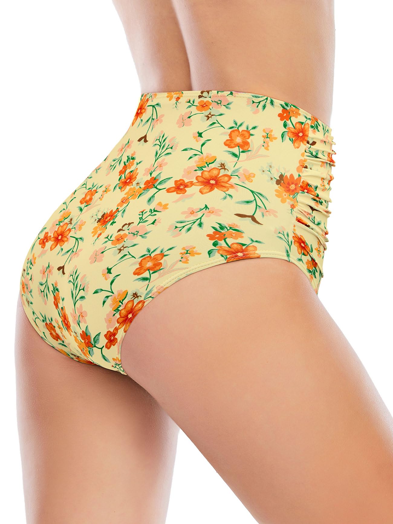 American Trends Parte inferior de bikini de cintura alta fruncida con control de abdomen, parte inferior de traje de baño sexy para mujer