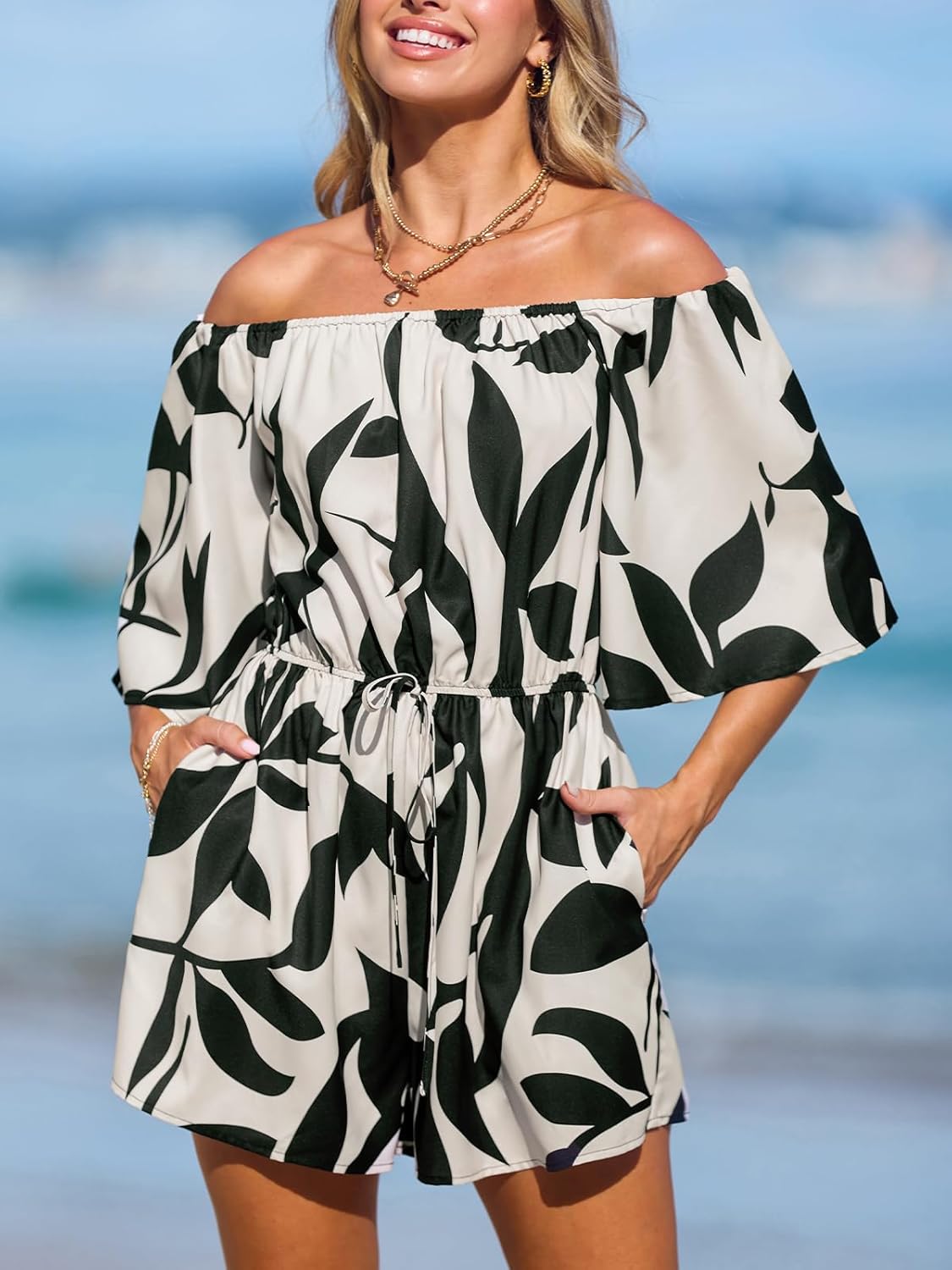 CUPSHE Women's Summer Casual 3/4 Sleeve Romper Wide Leg Floral Tropical Off Shoulder Elastic Waist Jumpsuit with Pockets - Image 6