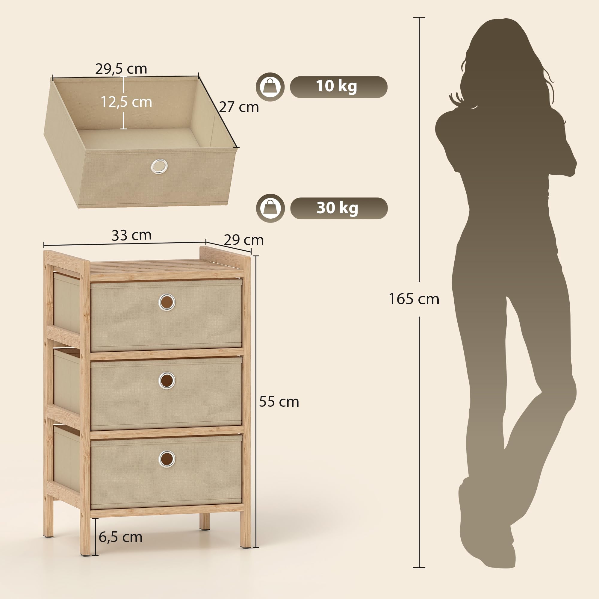 HOMCOM Cassettiera telaio bambù 3 cassetti tessuto bianco crema | Cassettiera, unità di stoccaggio stretta, per piccoli spazi, camera da letto, soggiorno, ingresso